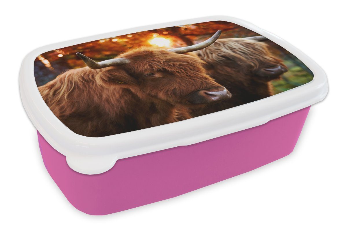 MuchoWow Lunchbox Schottische Highlander Porträt Brotdose Brotbox (2-tlg), für Kunststoff - - Kunststoff, Herbst, Erwachsene, Mädchen, Kinder, Snackbox, rosa
