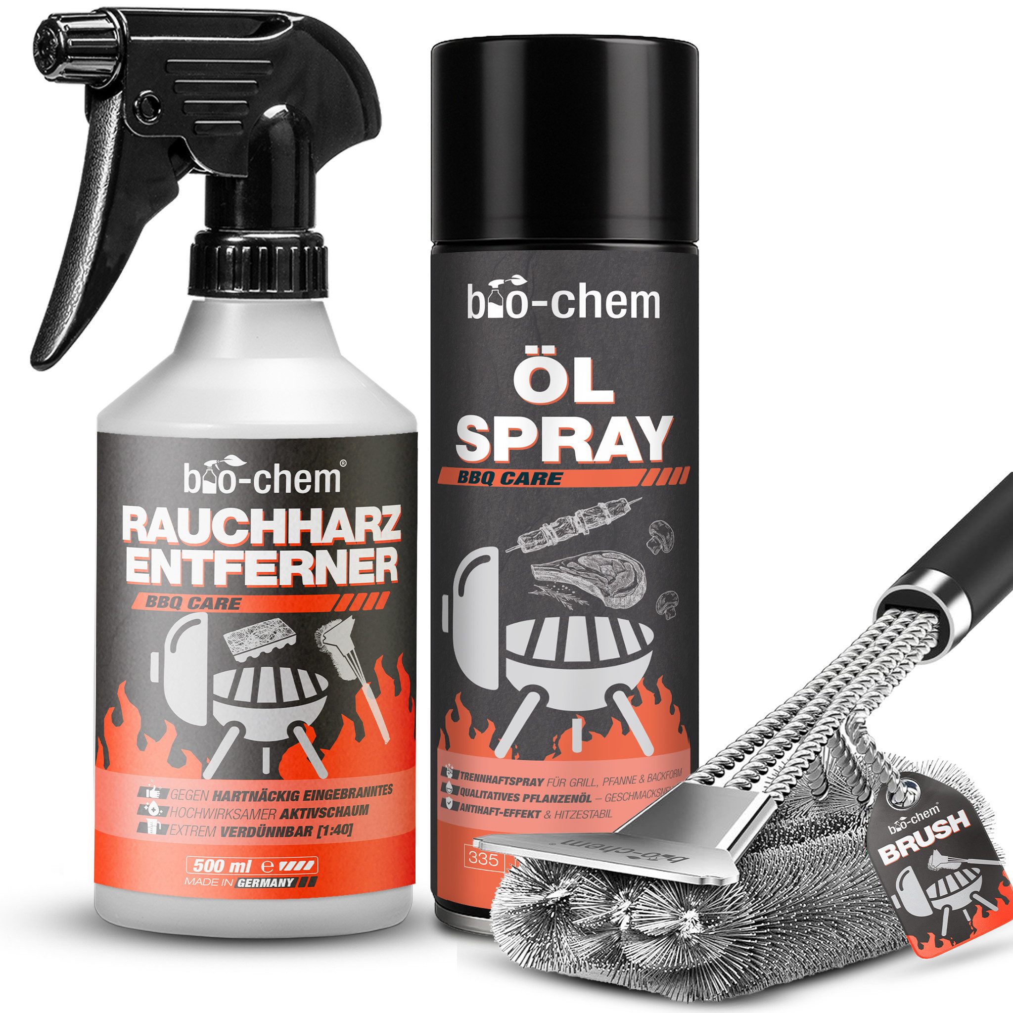 bio-chem Grillreiniger Rauchharzentferner extra stark gegen Eingebranntes 500ML Grillreiniger (Sparpaket, [- Rauchharz-Entferner 0.5 l Handsprayflasche + Grillbürste Extreme Fettlösekraft für hartnäckigste Ablagerungen)