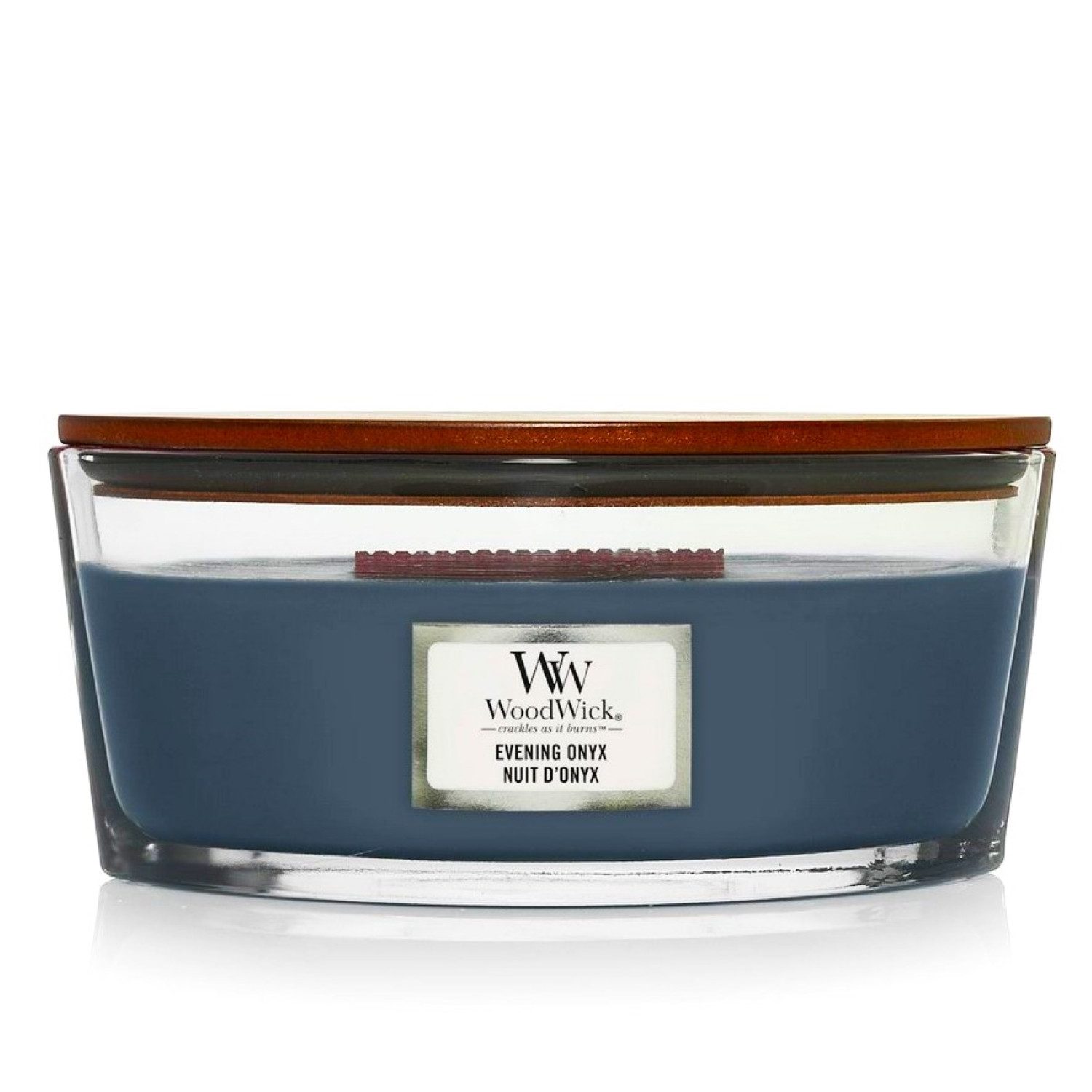 Woodwick Duftkerze Evening Onyx im Ellipse Glas mit Holzdeckel, 453g, Mit Noten von Jasminblättern, schwarzer Orchidee und Sandelholz