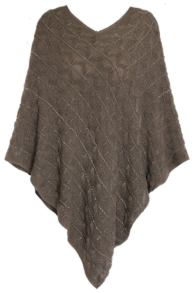 dy_mode Strickponcho Damen Poncho mit Pailletten Strickponcho Umhang Pullover Glitzerfaden mit V-Ausschnitt, in Unifarbe