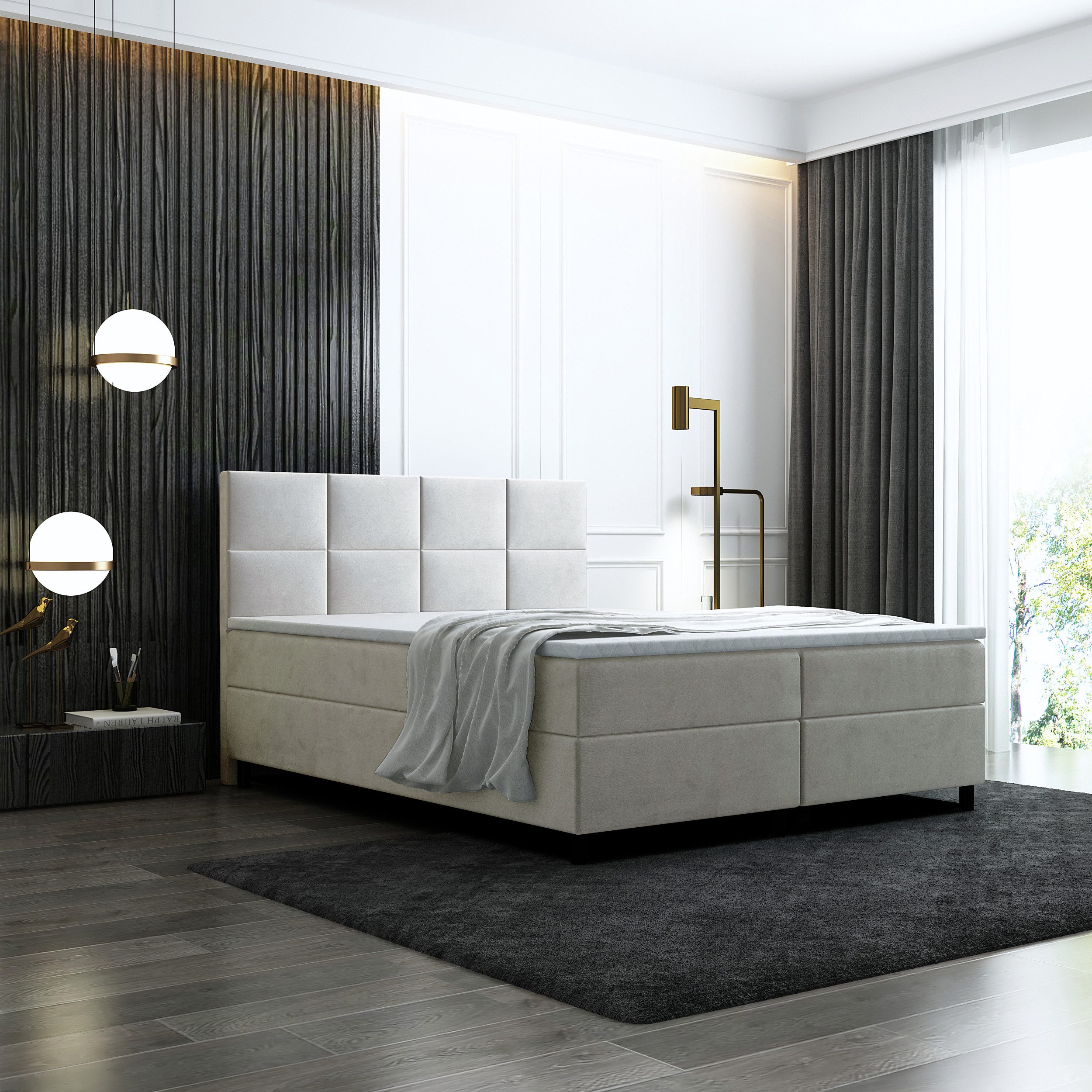 thematys Boxspringbett Luxus mit Bettkasten 140x200–180x200cm - Velours Bezug (Polsterbett Bonnellfederkern Matratze H3 + Gratis 3cm Topper, – Doppelbett mit Stauraum - Boxbett)