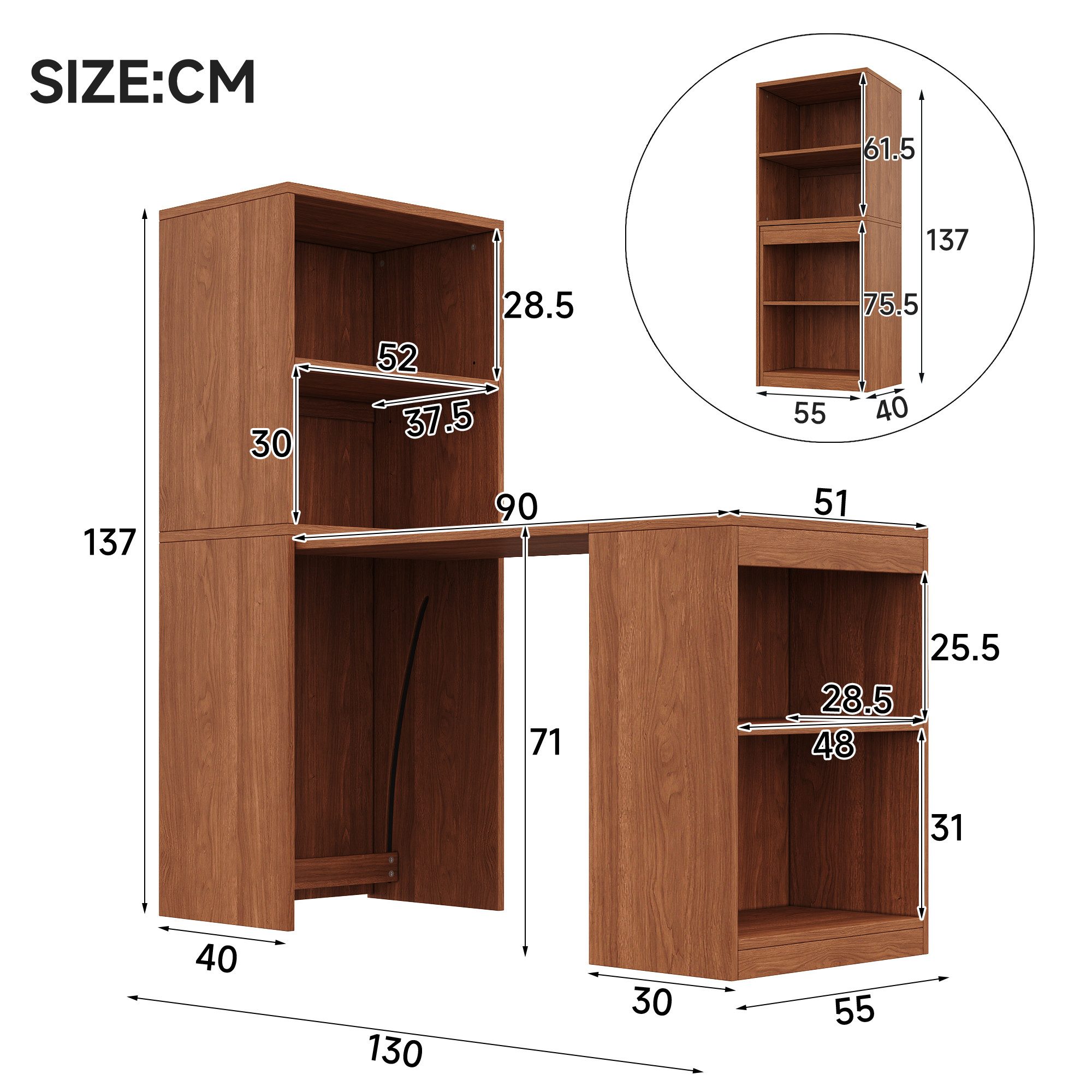Flieks Regal-Schreibtisch L-Form multifunktionaler Klapptisch mit Rollen&Bücherregal 2-in-1 (Tischplatte: 90x51 cm, Standregal: 55x40x137 cm, Gesamtlänge 130 cm – Bild 5 von 5
