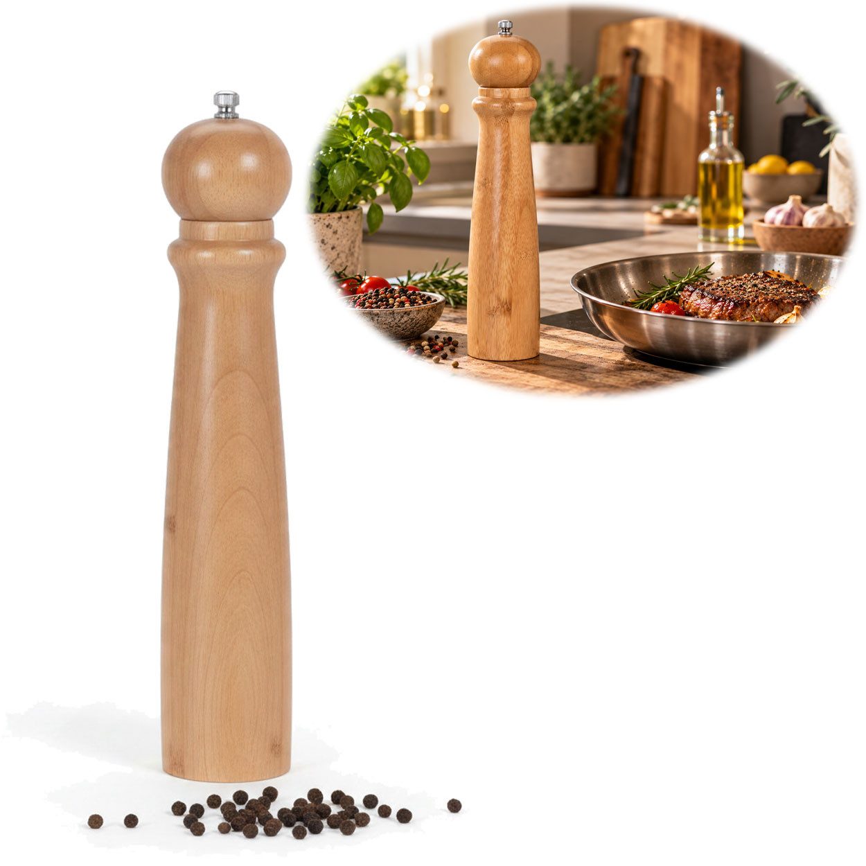 LS-LebenStil Salz-/Pfeffermühle XL Holz Salzmühle & Pfeffermühle FSC Bambus 31cm Groß Keramikmahlwerk manuell, (1 Stück), Gewürzmühle grobes Salz schwarze Pfefferkörner Chili Muskatnuss