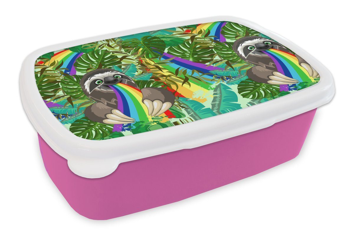 MuchoWow Lunchbox - Kunststoff - Brotdose Kunststoff, Blätter Brotbox Faultier Muster, Kinder, (2-tlg), für Regenbogen - Snackbox, Erwachsene, Mädchen, rosa