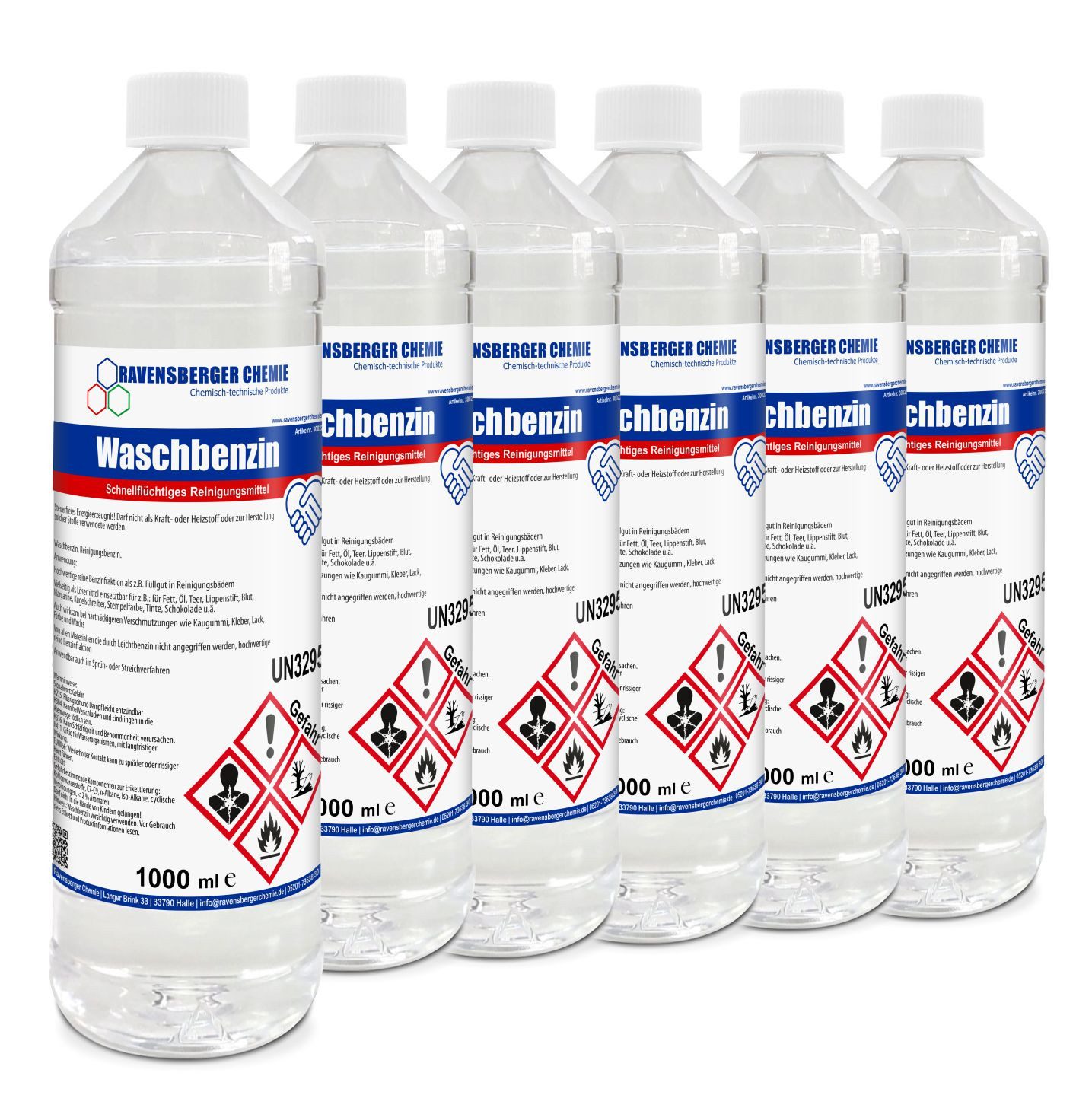 Ravensberger Chemie Waschbenzin - 1 Liter Reinigungsalkohol (6x 1 Liter Flasche von Ravensberger Chemie - Waschbenzin 1L – Kraftvoller Reiniger für Fett, Öl & Klebereste)
