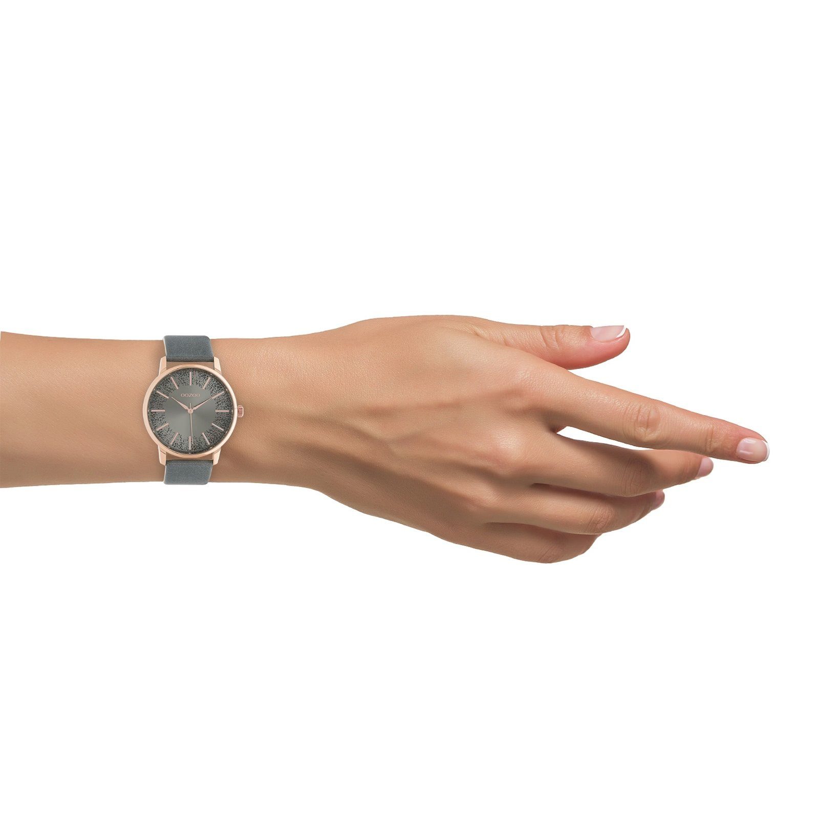 (ca. rund, blaugrau OOZOO 40mm) Armbanduhr Damen Fashion-Style Oozoo Analog, groß Damenuhr Quarzuhr Lederarmband,