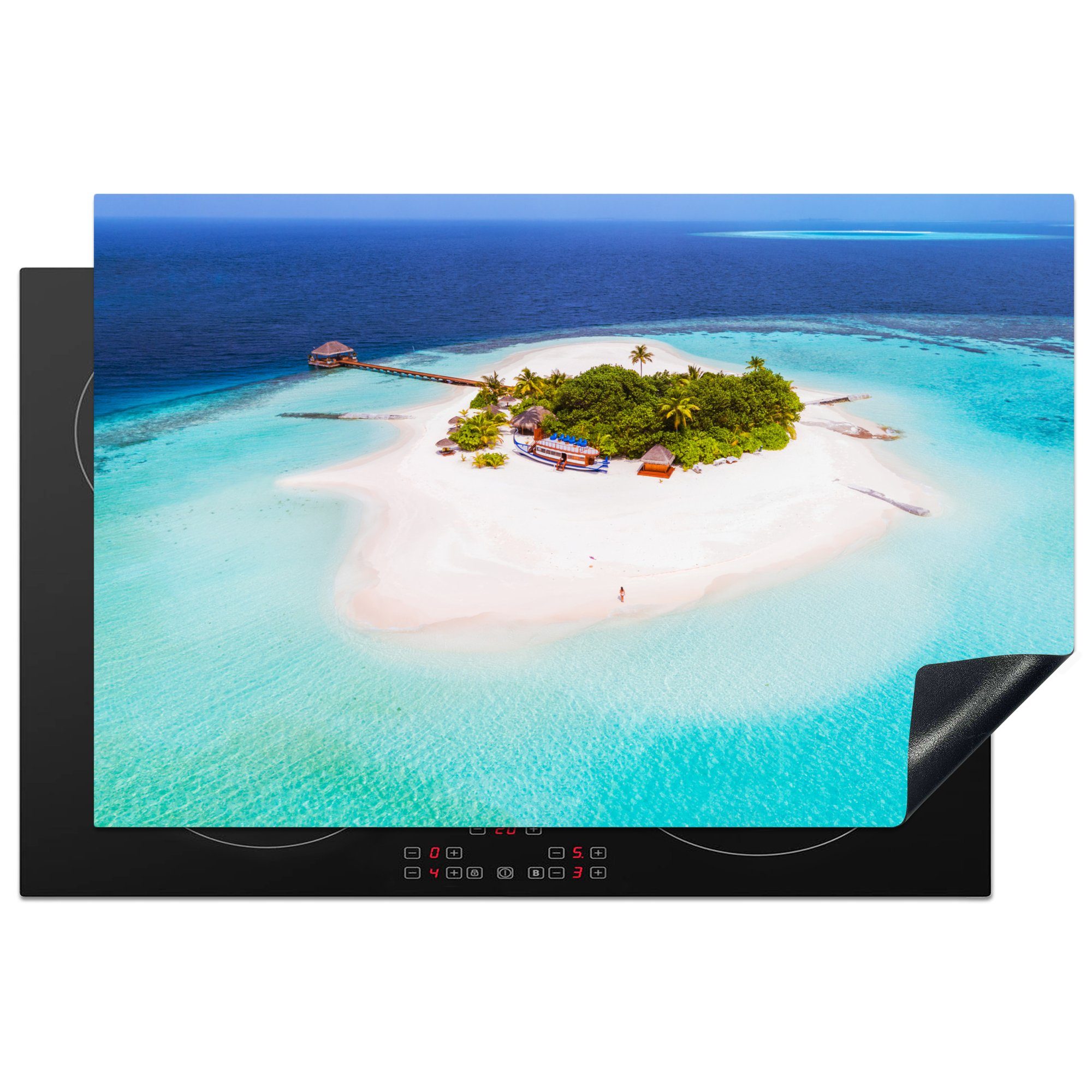 MuchoWow Herdblende-/Abdeckplatte Tropische Insel auf den Malediven aus der Vogelperspektive, Vinyl, (1 tlg), 81x52 cm, Induktionskochfeld Schutz für die küche, Ceranfeldabdeckung