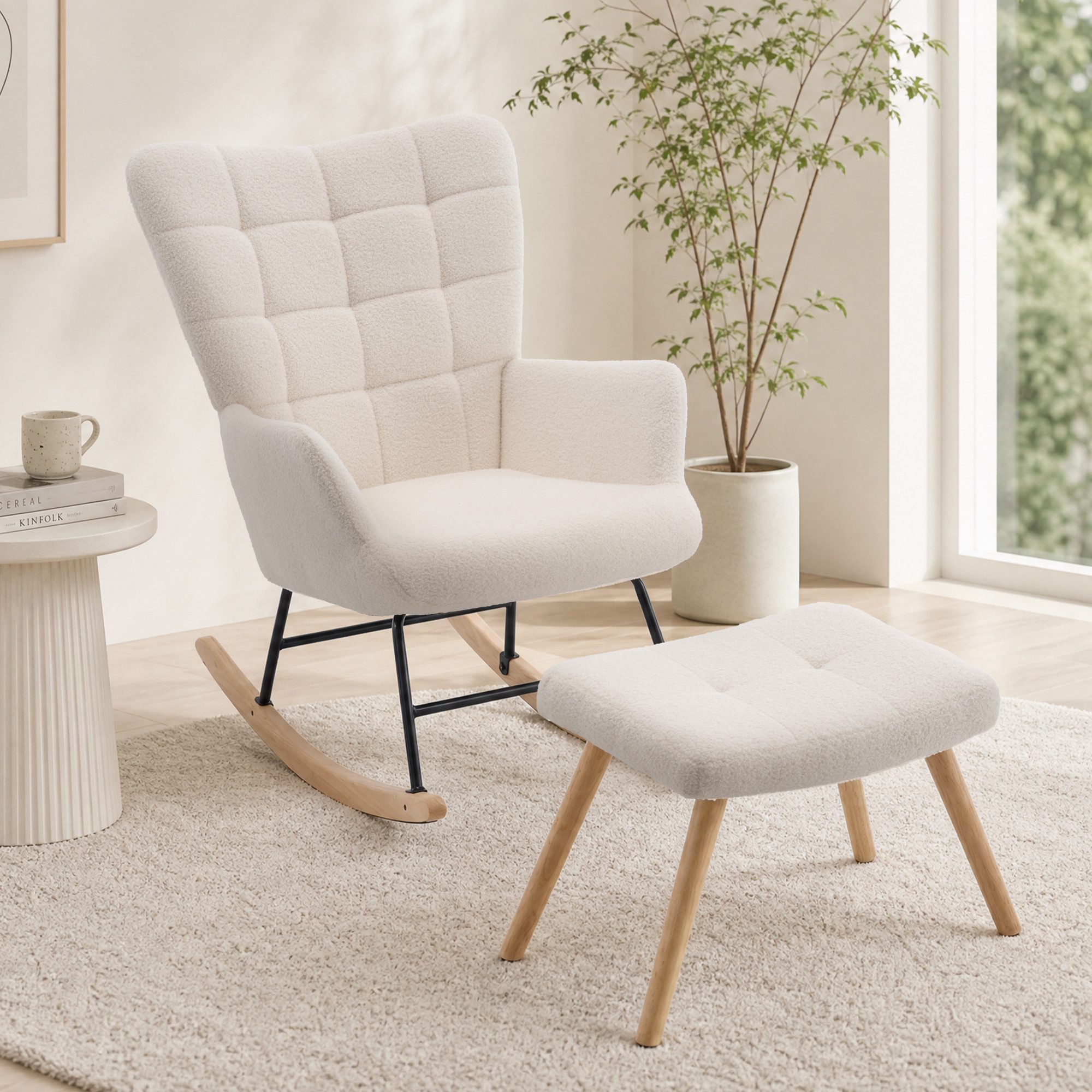 HAUSS SPOLE Schaukelstuhl mit Fußhocker, gepolsterter Relaxsessel mit Holzschaukelfüßen,Beige (Relaxsessel-Set mit Wippfunktion und Beistellhocker), Lounge-Sessel mit separatem Fußhocker und Holzschaukelfüßen