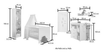 BMG Möbel Babyzimmer-Komplettset Lea, (Set, 7-St., Bett, Wickelkommode, Schrank, Standregal, Unterstellregale, Wandboard), Bett + Wickelkommode + 3-trg. Schrank + Standregal + Wandboard