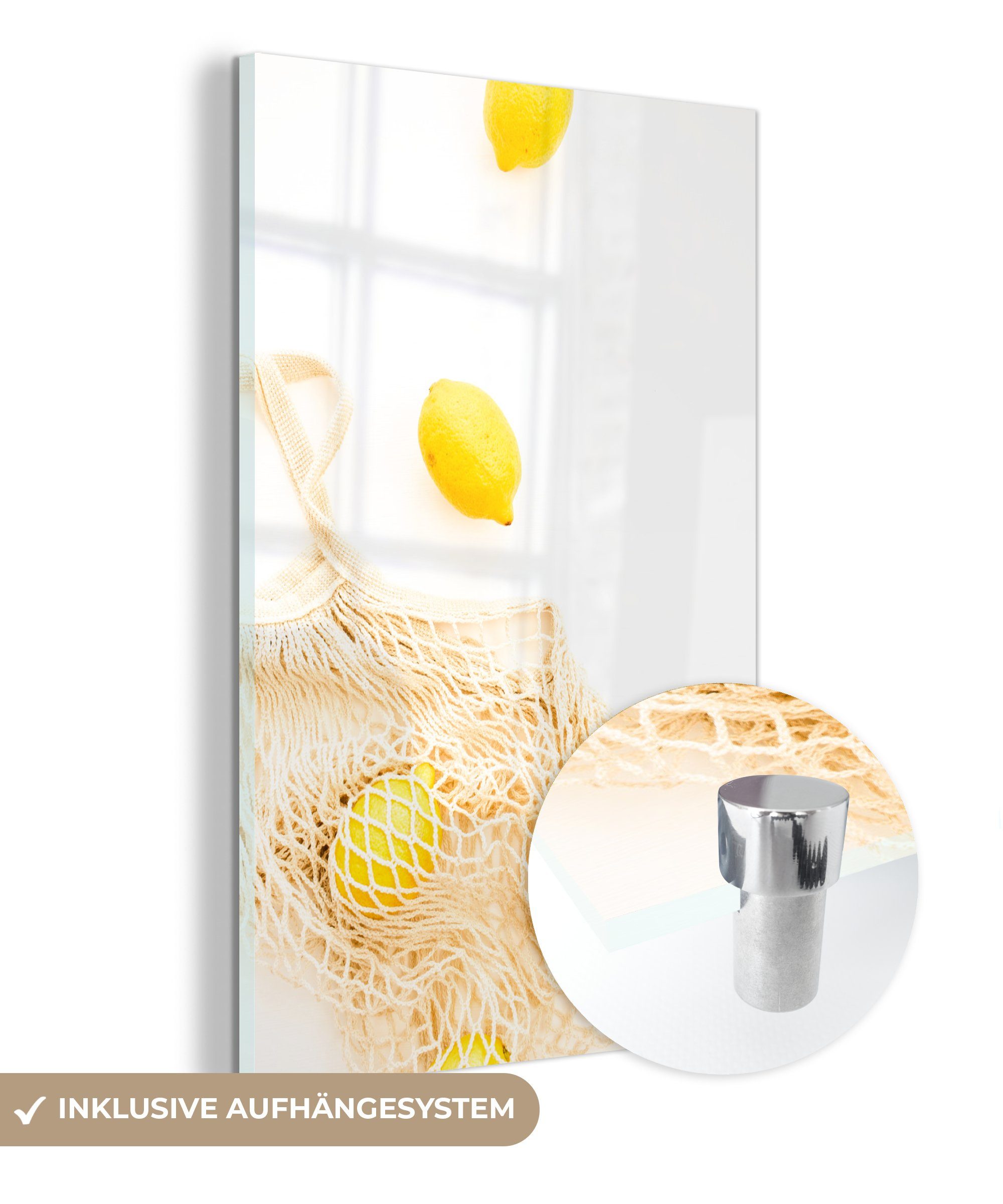 MuchoWow Acrylglasbild Zitrone - Tasche - Gelb, (1 St), Glasbilder - Bilder auf Glas Wandbild - Foto auf Glas - Wanddekoration