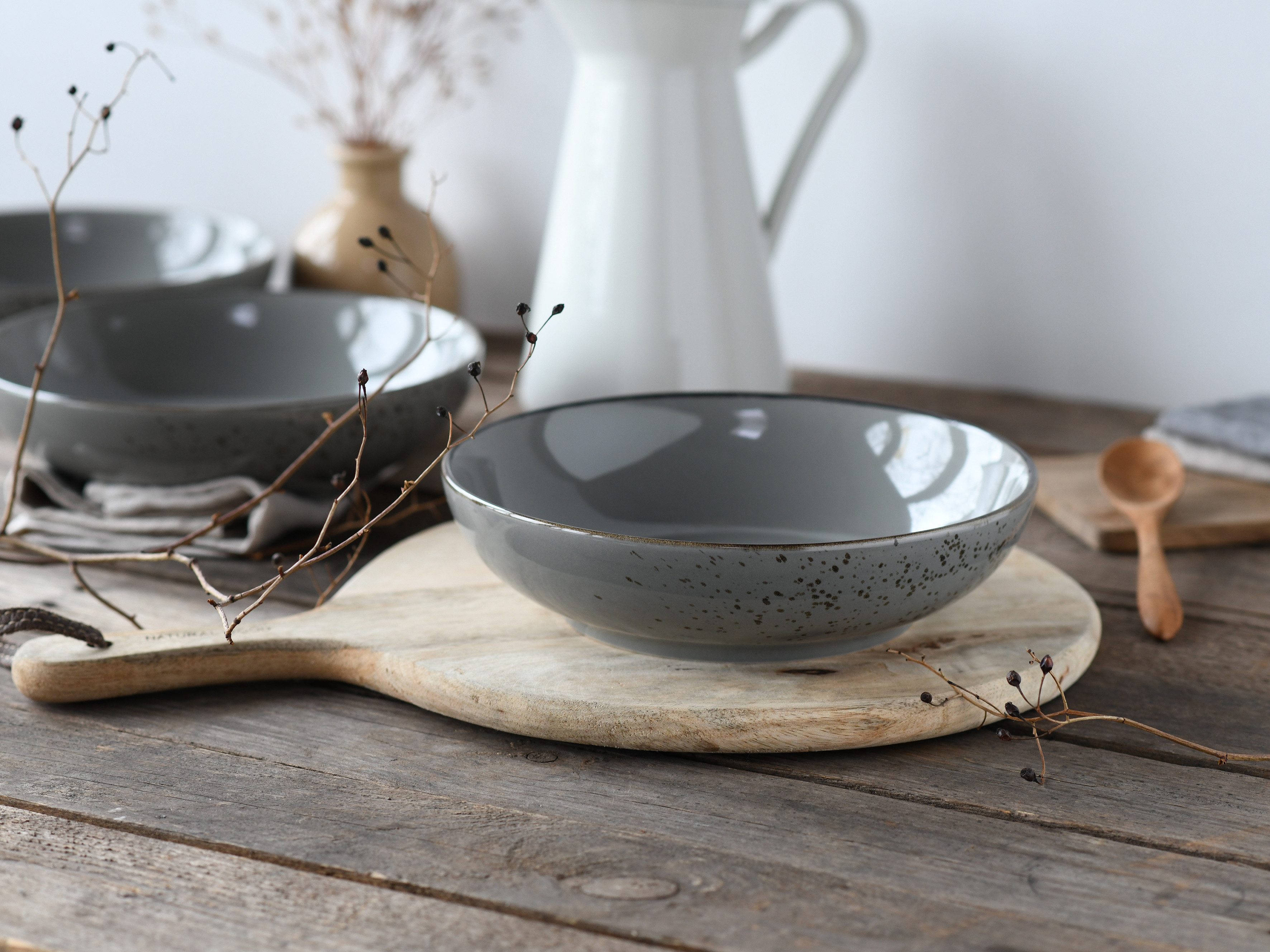 CreaTable Schale Nature Collection, Poke Bowl, Ø 22,5 cm, 4-tlg, Steinzeug, (Set, 4-tlg), Handwerklicher Look, Vintage, Höhe 6 cm