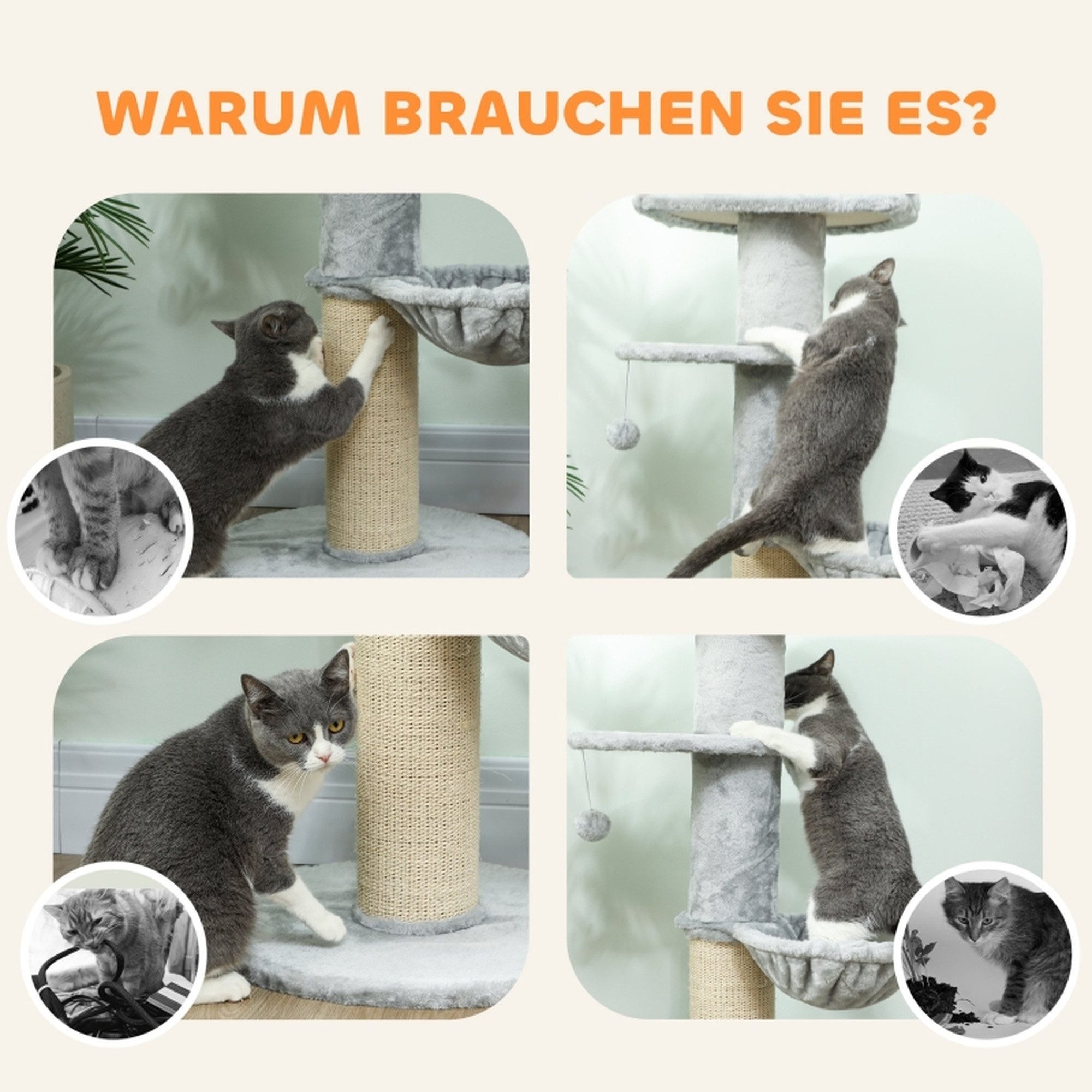 MC Star Kratzbaum Sisalpfosten, mehrstufig, Plüschstoff, hängende Kugel, Hellgrau