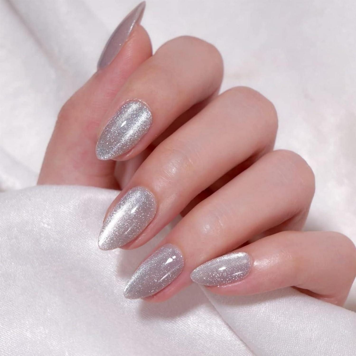 LuxusKollektion Kunstfingernägel Kunstnägel 24 Stück Silber Glitter Mandel Kurz 8Silvery&solid17