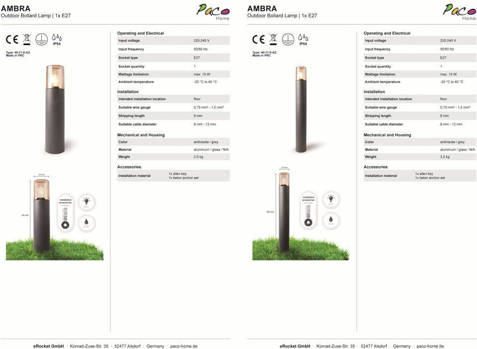 E27 Outdoorleuchte Leuchtmittel, Garten IP54 Paco AMBRA, Home Pollerleuchte Aluminium ohne Wegeleuchte Außenleuchte