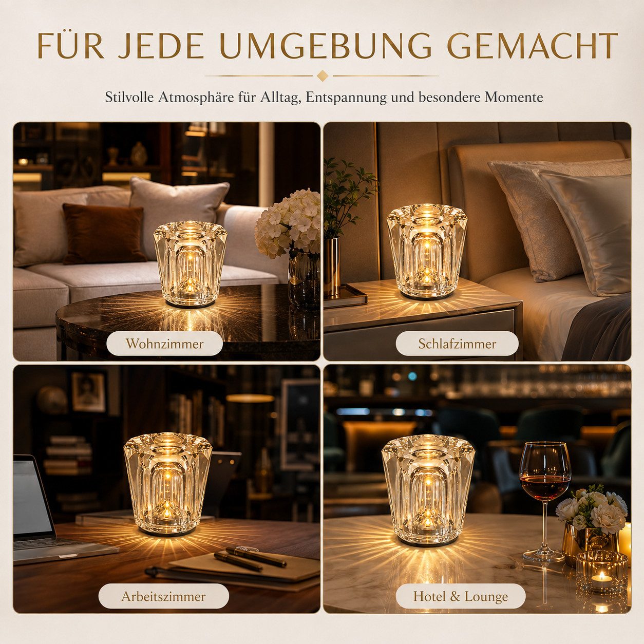 Luckice LED Nachttischlampe LED-Kristalllampe fürs Schlafzimmer,echte Kristall-Ambientelampe, wiederaufladbare Tischlampe, kabellose Mini-Leuchte mit drei Helli – Bild 2 von 5