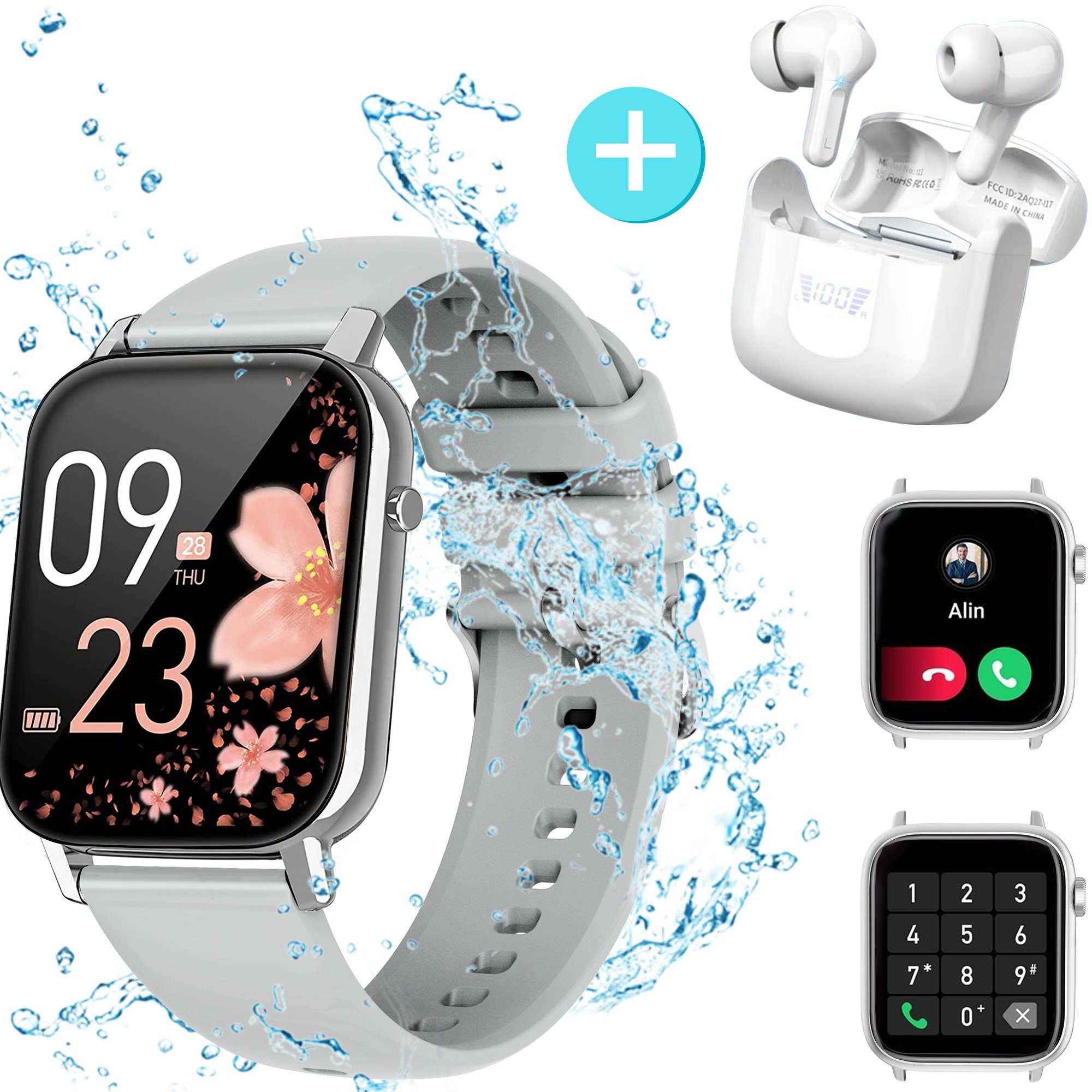 Smartwatch Damen Herren und kabellose Bluetooth-Kopfhörer Set Smartwatch