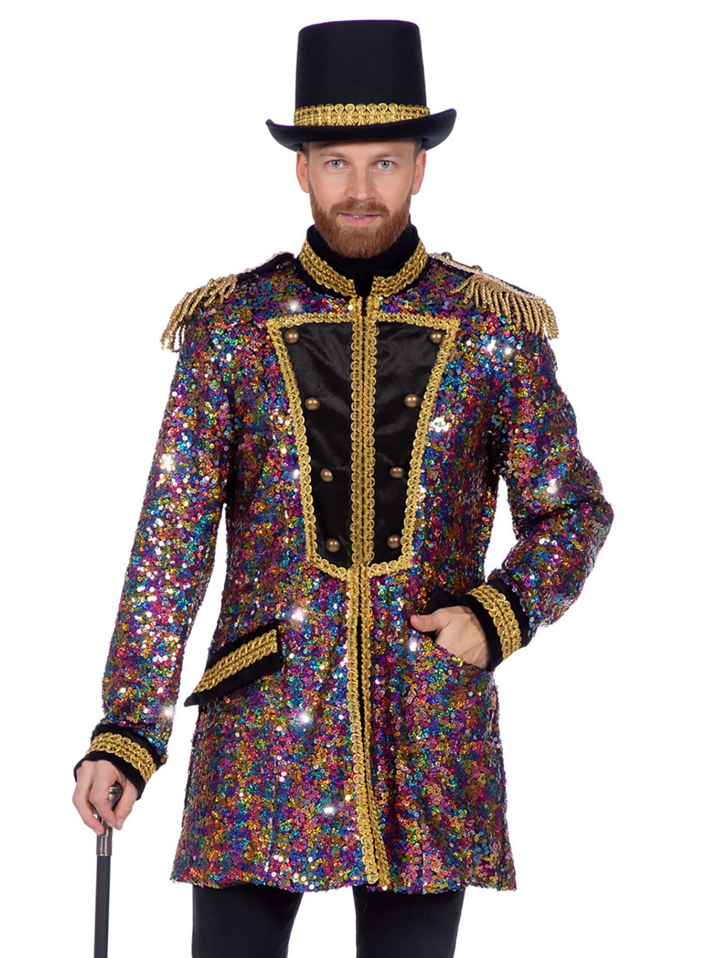 Metamorph Kostüm Gardejacke mit bunten Pailletten, Herrenmantel für Karneval mit unzähligen bunten Pailletten