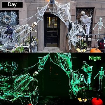 PRECORN Hängedekoration Spinnennetz leuchtend + 20 Spinnen Deko Halloween Fasching Party