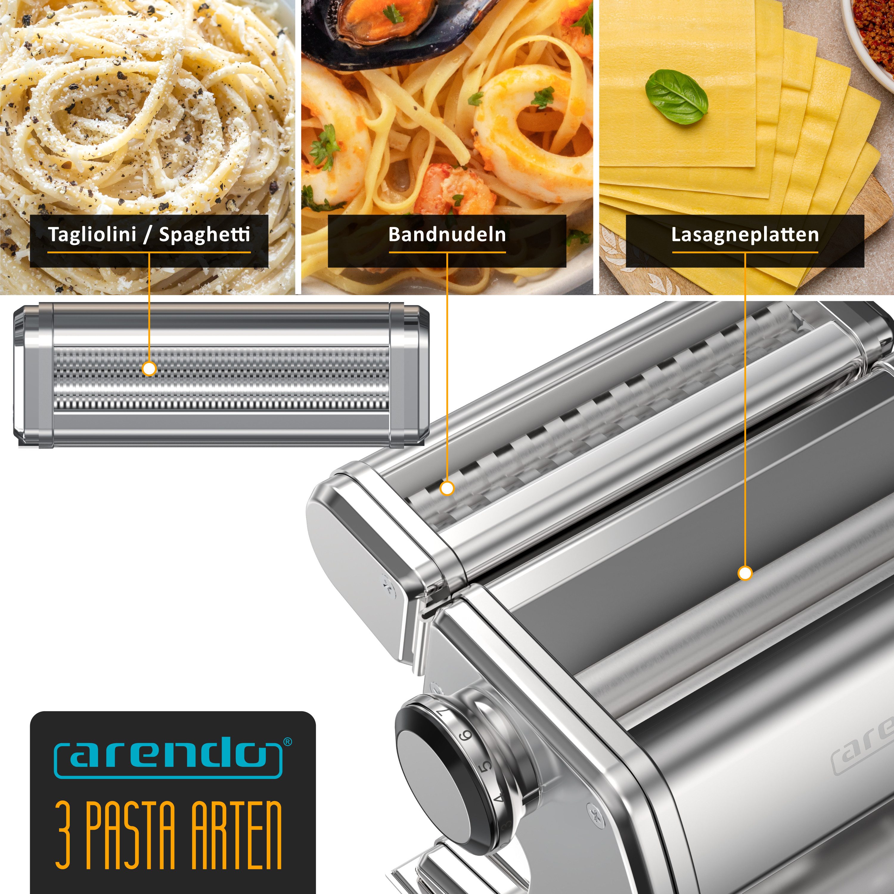 Arendo Nudelmaschine Manueller Edelstahl Pasta Maker, Nudelpresse, 7 einstellbare Stärken, Duplexvorsatz für Spaghetti, Tagliatelle, Lasagne - 2mm und 6,5mm