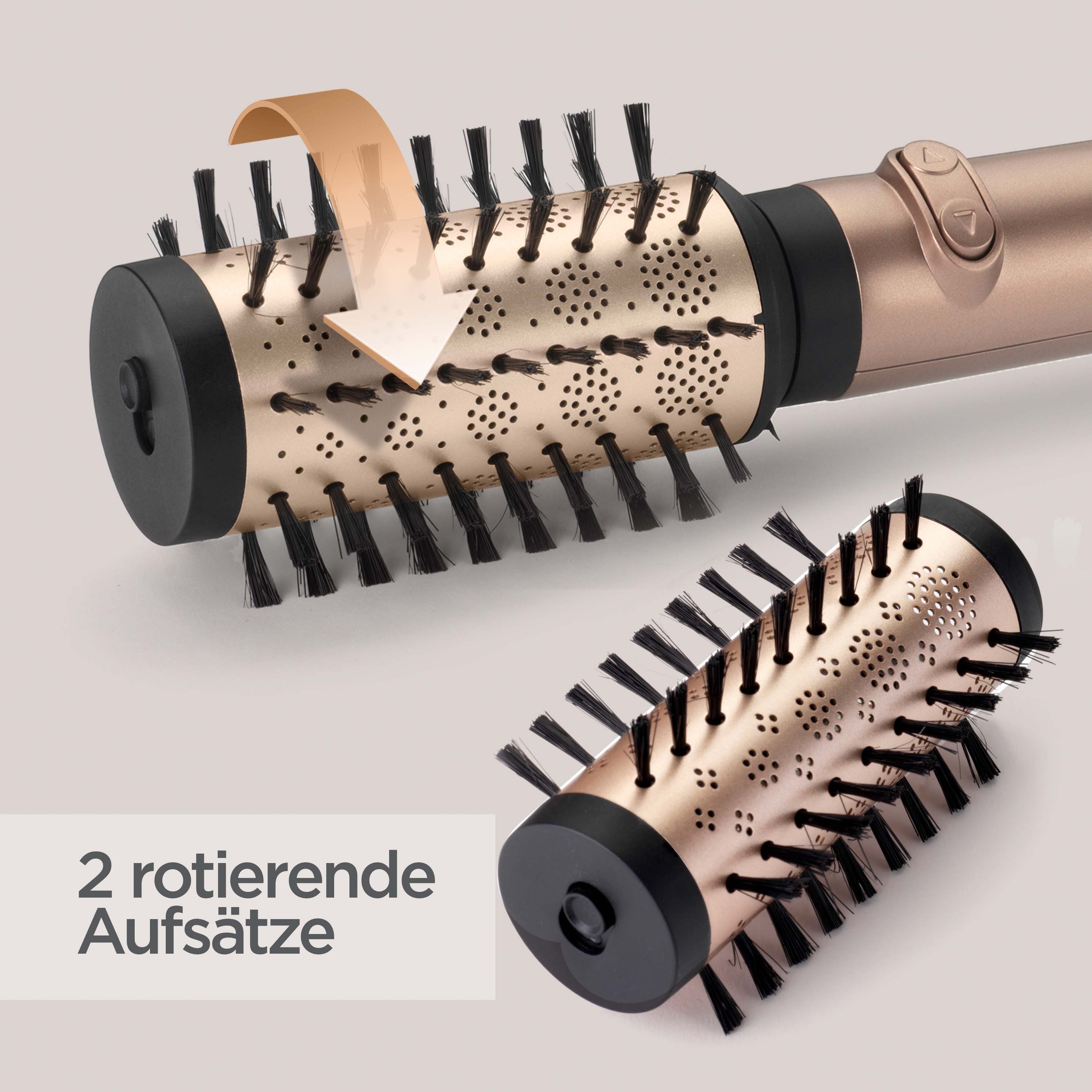 BaByliss Warmluftbürste BaByliss Big Hair Dual Warmluftbürste rotierend, AS952E, Rotierender Rundbürstenföhn mit Ionen, 2 Aufsätze für Volumen, 650 W goldfarben