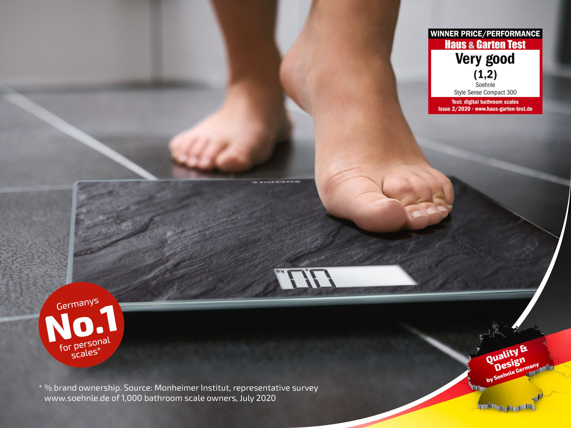 Soehnle Personenwaage Style Sense Compact 300 Slate, 1-tlg., LCD-Anzeige, flaches Design, bis 180kg, kg/lb/st, inkl. Batterien