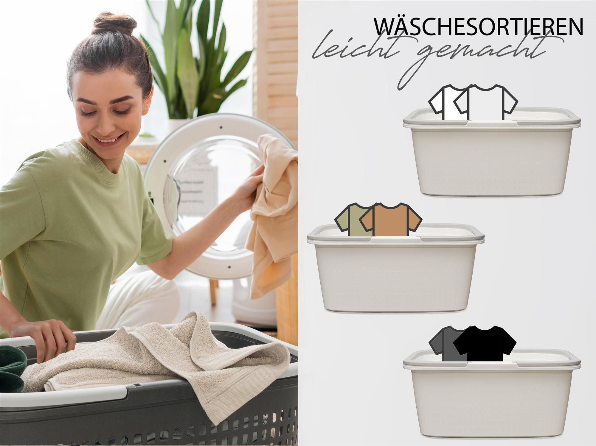 Hausfelder Wäschekorb Wäschewanne 58x37x25cm (Weiß, 2 Wannen, 35 l) (Set, 2 St., 2 x Wäschewanne), mit klappbaren Henkeln, mit Griffen, 35 Liter