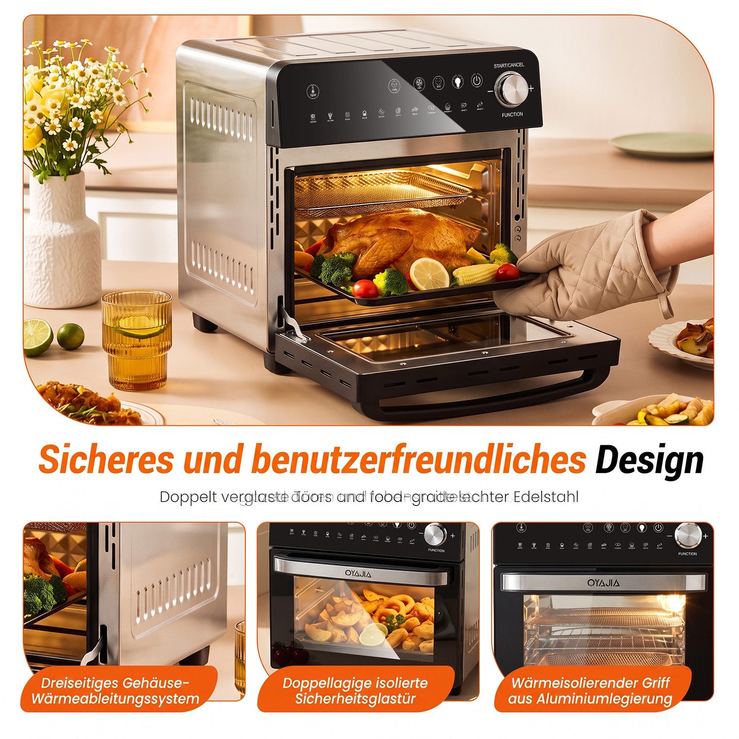 oyajia Heißluftfritteuse XXL Minibackofen 14L Airfryer, 11 Automatikprogramme mit Rotisserie-Funktion, Sichtfenster Innenbeleuchtung, Timer, 7 Anhänge, 1800 W,  – Bild 5 von 5
