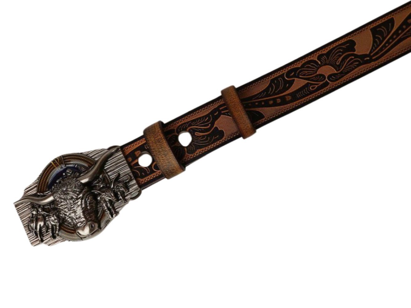 Ware aus aller Welt Ledergürtel Wild West Wechselgürtel Western Gürtel mit Longhorn Gürtelschnalle