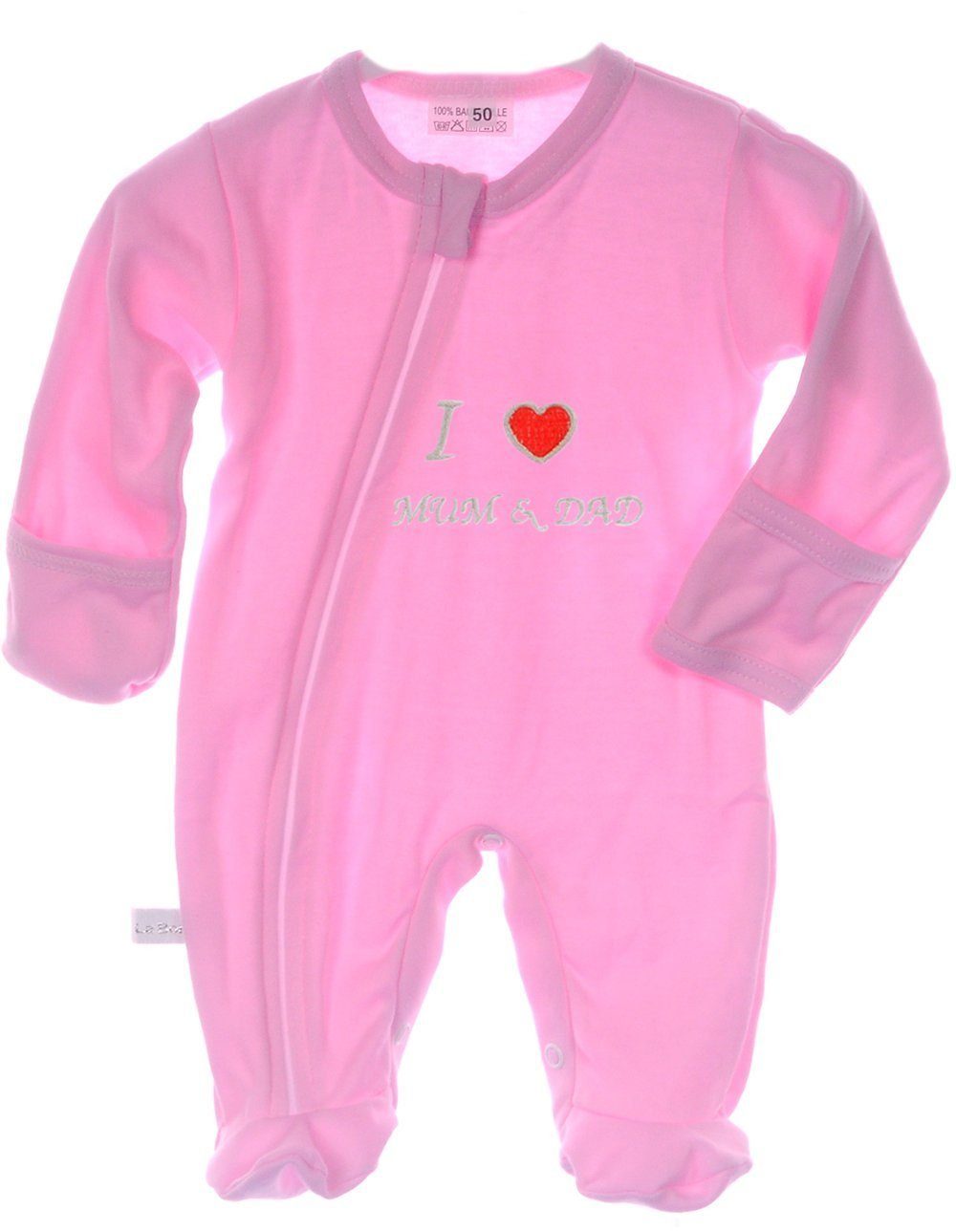 La Bortini Ползунки Schlafoverall mit Papa Mama Overall Baby Schlafanzug in Rosa aus reiner Baumwolle, mit Reißverschluss, 44 50 56 62 68 74 80