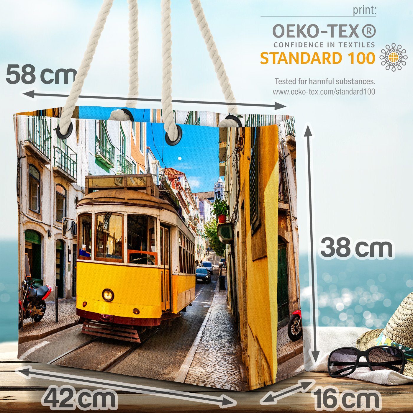 Tram Portugal Verkehrsmittel Lisbon Beach Strandtasche Bag Urlaub Tram Zug Plan (1-tlg), Lisabon VOID
