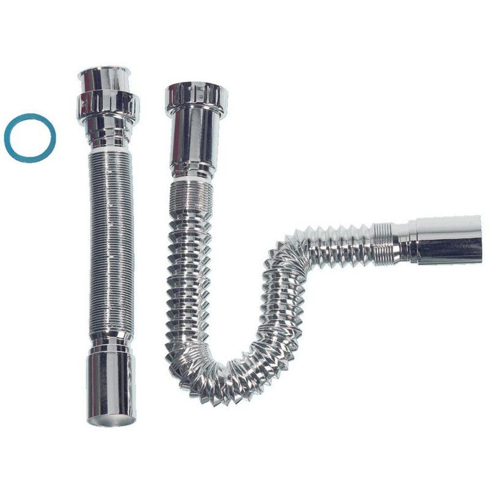 Sanixa Siphon Universal-Abflusssiphon flex 1 1/4" Zoll auf 32 mm Chrom, (Abfluss Rohr Kunststoff), Siphon Küche Spüle Bad Waschbecken Ablauf flexibel