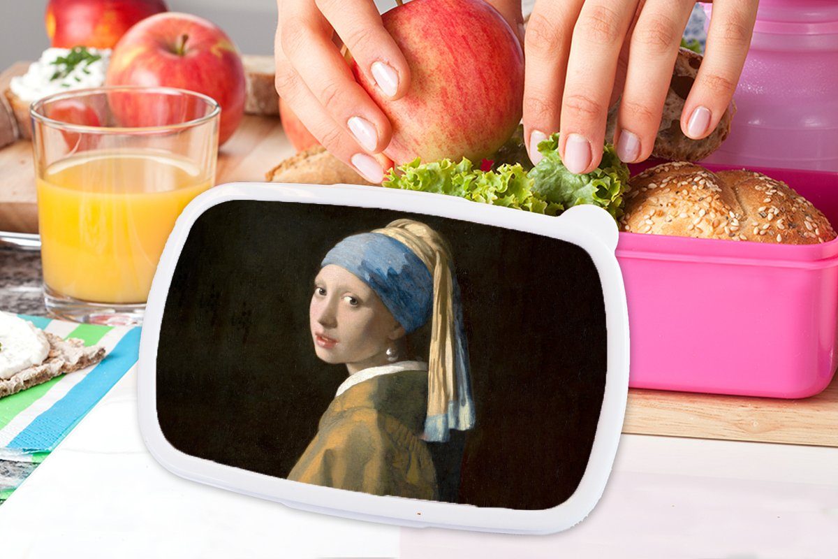 MuchoWow Lunchbox Alte - Kunststoff Brotdose Perlenohrring mit Meister rosa Erwachsene, Brotbox - Mädchen, Kinder, Snackbox, Kunststoff, Vermeer, (2-tlg), Mädchen Gemälde - für