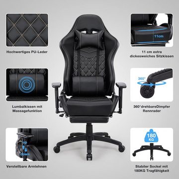 Tongtong Gaming Chair mit Fußstützen und MassagefunktionVerdickte Sitzkissen, Schwarz, Höhenverstellbarer