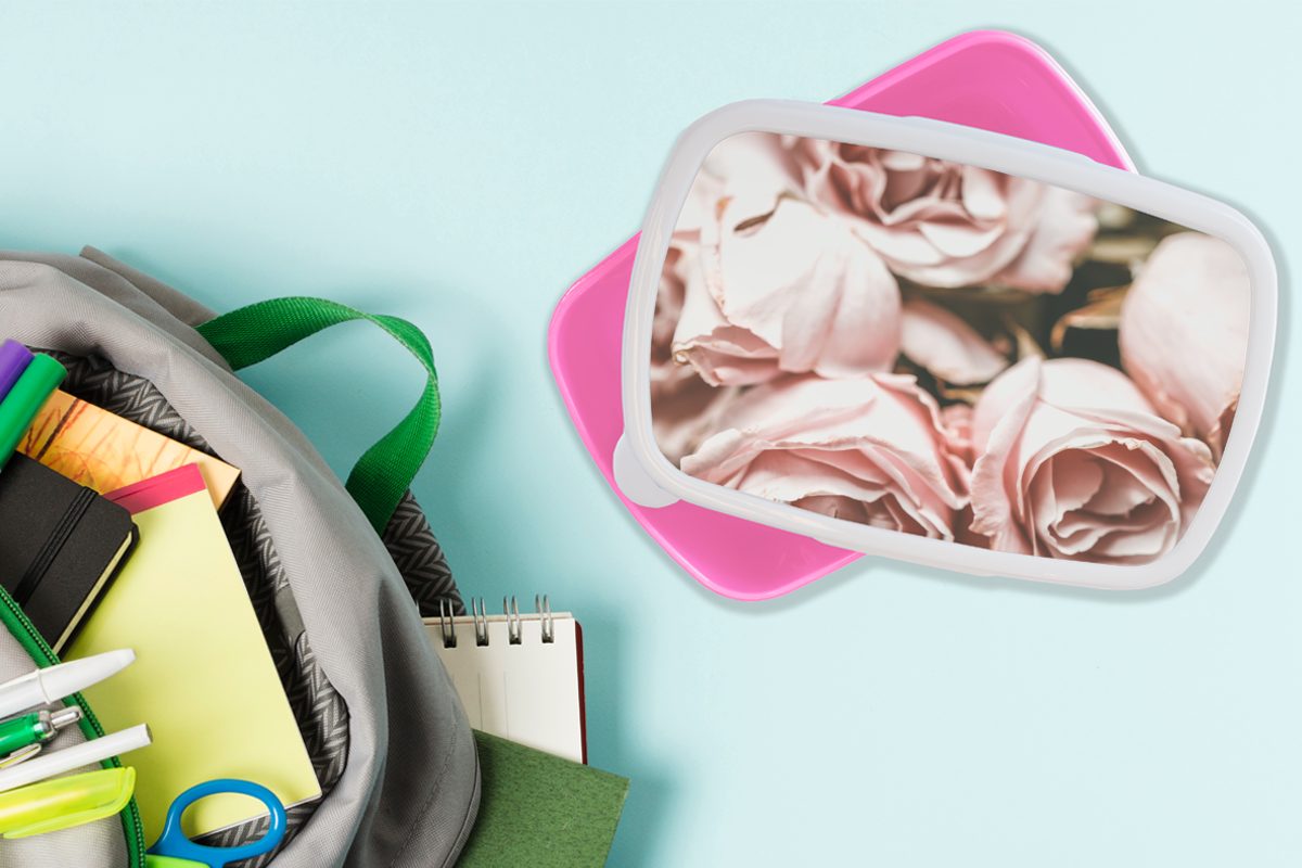 für Snackbox, Lunchbox Vintage, Rosen Kunststoff, Brotdose (2-tlg), Brotbox Erwachsene, Kinder, - Rosa Kunststoff Mädchen, MuchoWow -