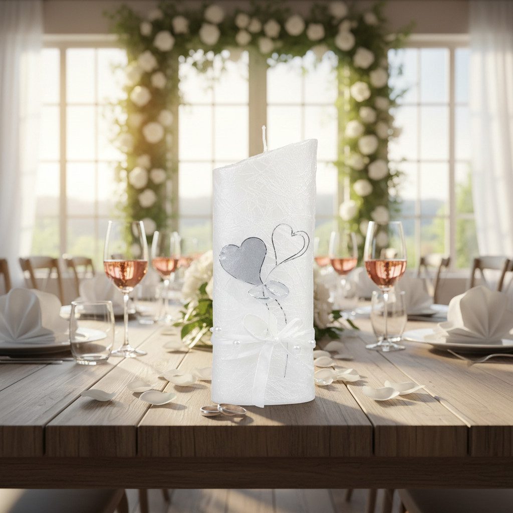 Wiedemann Kerzen Bastelnaturmaterial Elegante Hochzeitskerze mit Herzen und Ringen für festliche