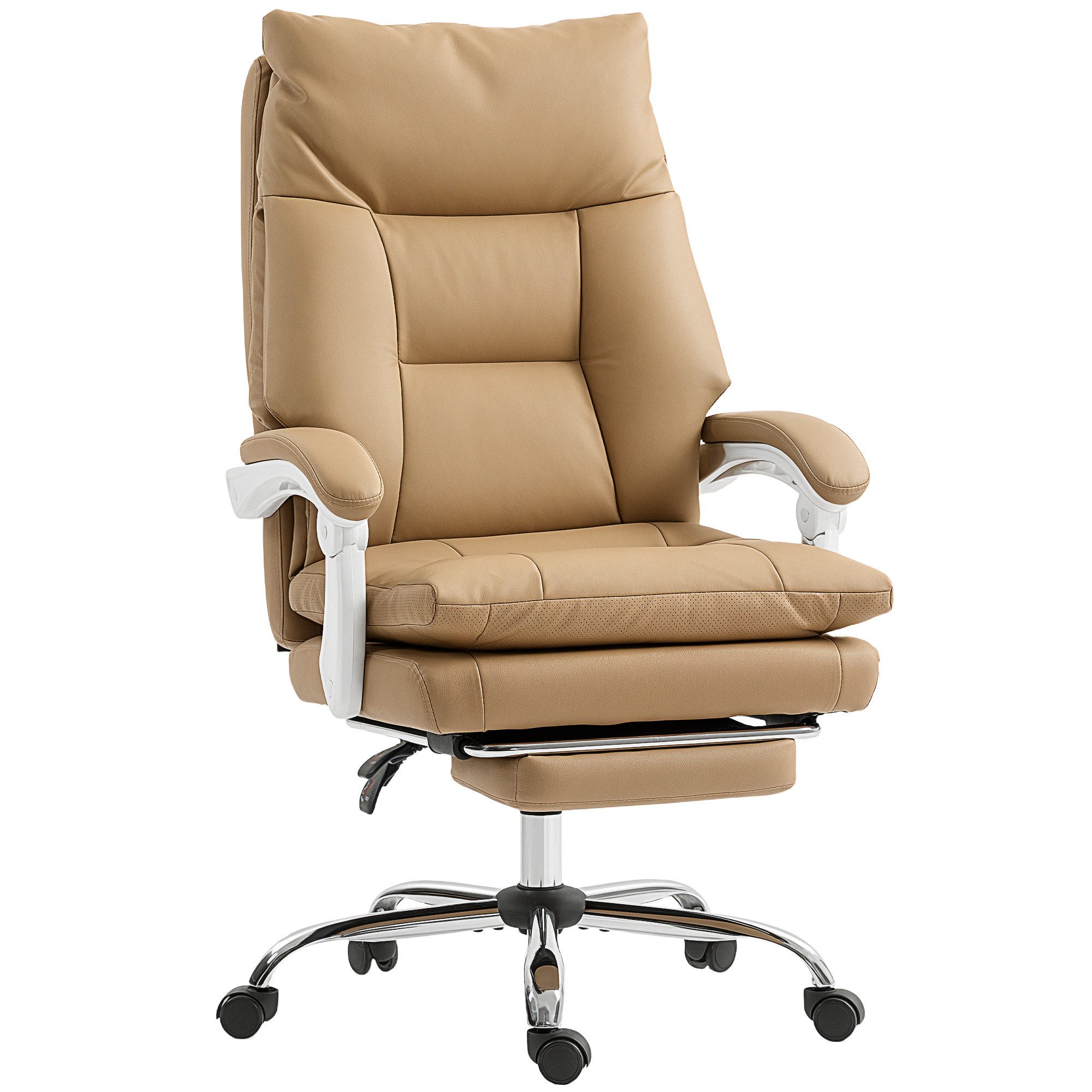 HOMCOM Schreibtischstuhl mit Lendenwirbelstütze, Klappbar Armlehne, Fußstütze, Liegefunktion (ergonomischer Bürostuhl, 1 St), Kunstleder, Gepolstert, Hellbraun
