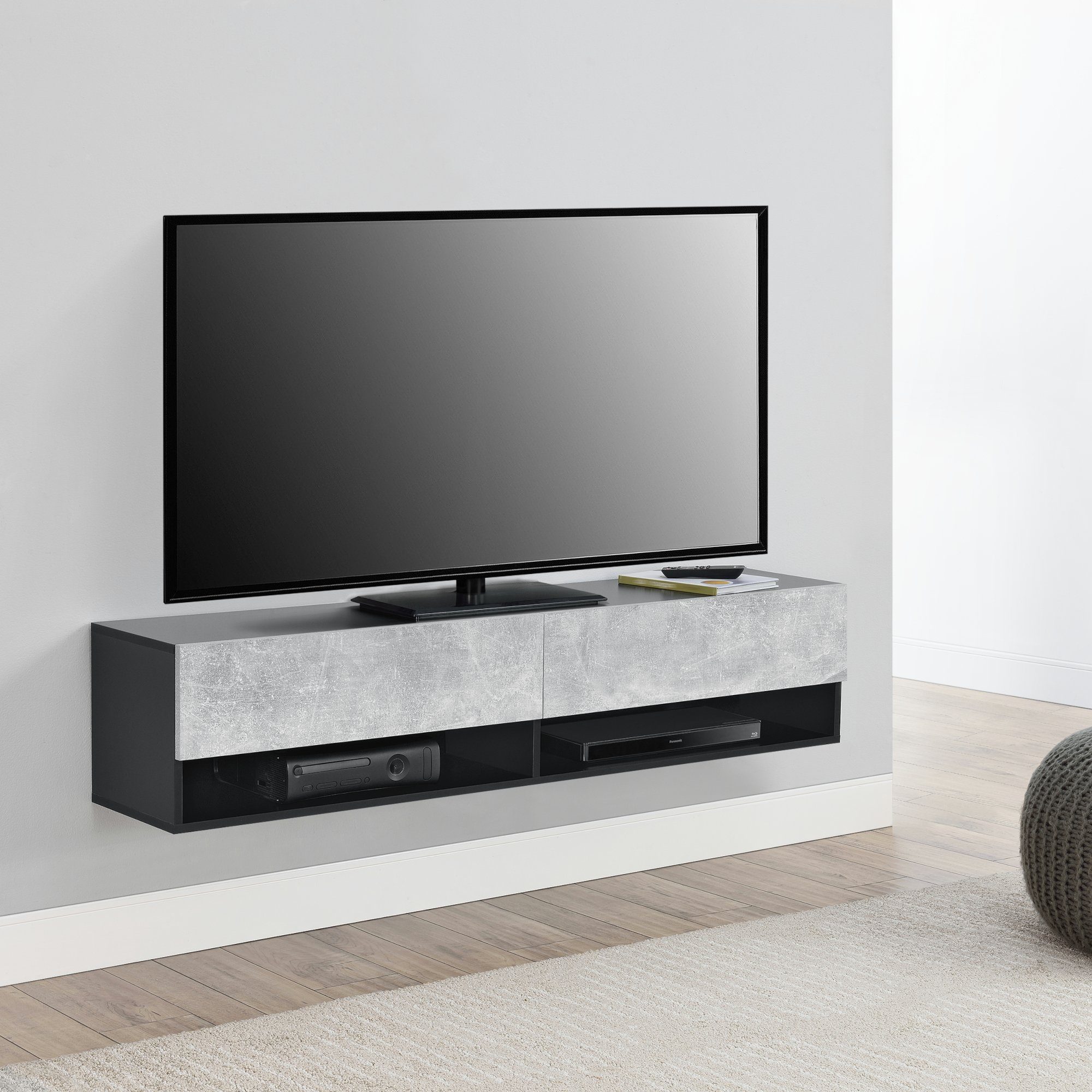 TV / - betonfarben cm Ablagefächer schwarz Schwarz 140 Lowboard Betonoptik Halmstad Hängeschrank zwei en.casa