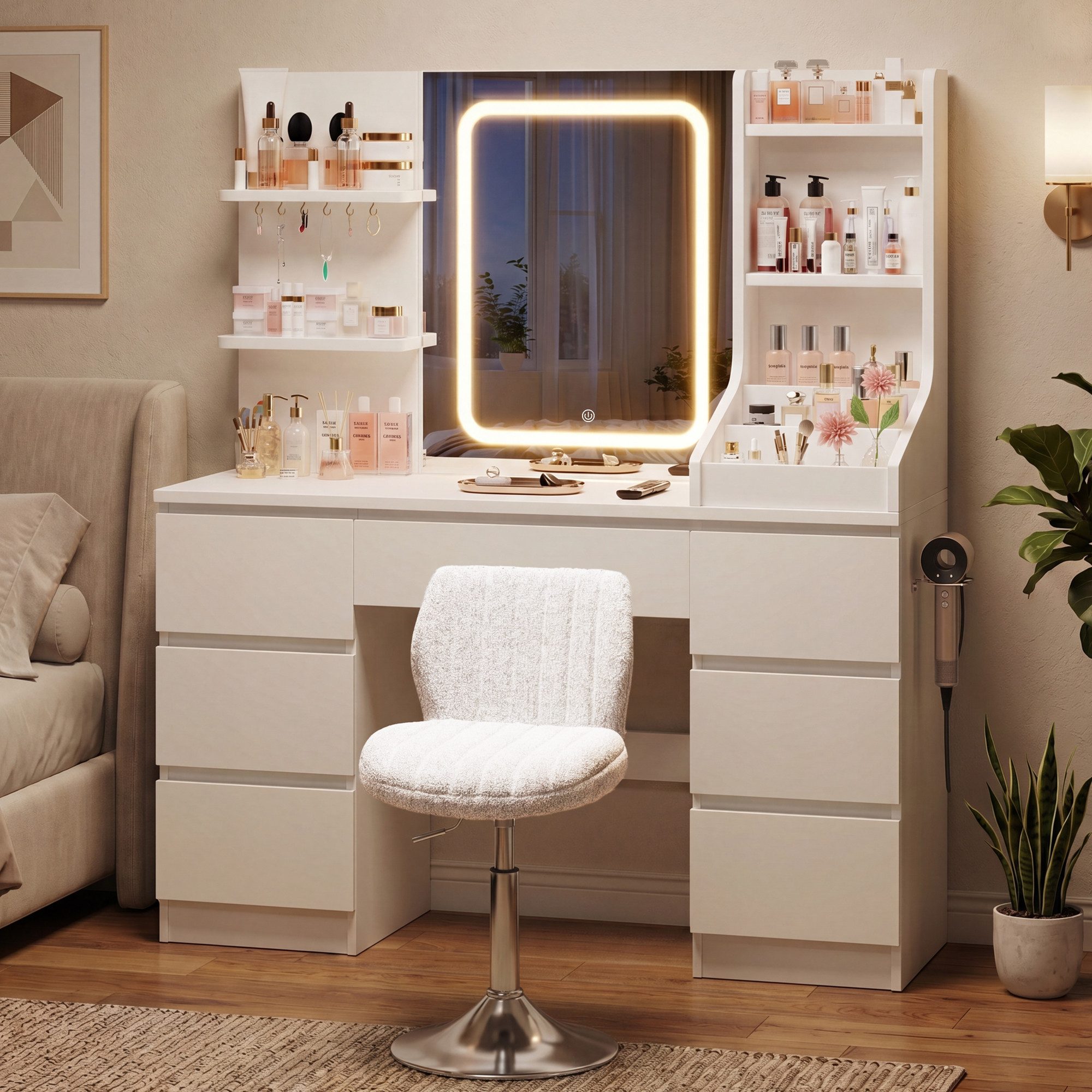 HOMALL Schminktisch Spiegel mit LED-Beleuchtung, 7 Schubladen (Maße: 110 × 40 × 139 cm, drei einstellbare Farbtemperaturen, mit 8 offenen Ablagefächern, 6 Schmuckhaken, 2 Steckdosen, 1 USB-Anschluss, 1 Typ-C-Anschluss und einer Haartrocknerhalterung)