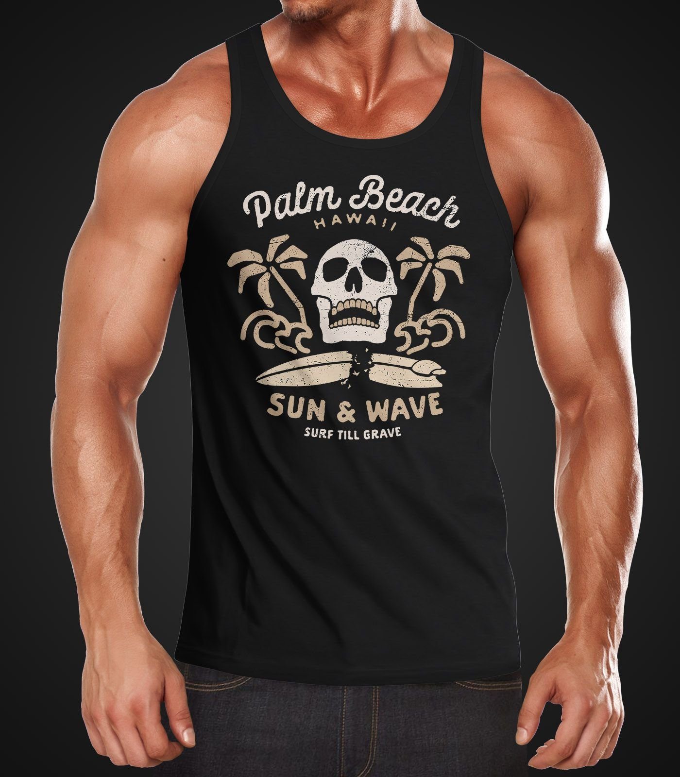 Neverless Tanktop Herren Tank-Top Surf-Motiv Totenkopf Palm Beach Muskelshi günstig online kaufen