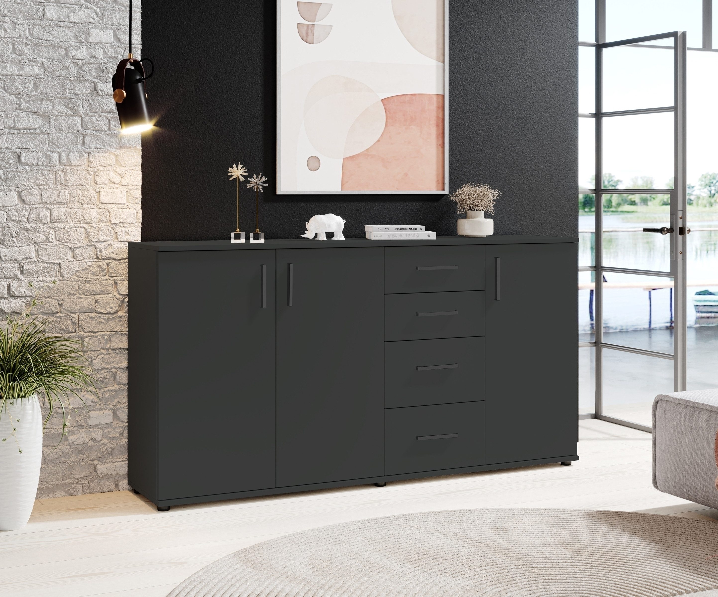 PREISBRECHER Sideboard BC 1040, 3 Türen, 4 Schubladen, anthrazit - 160x84x3 günstig online kaufen