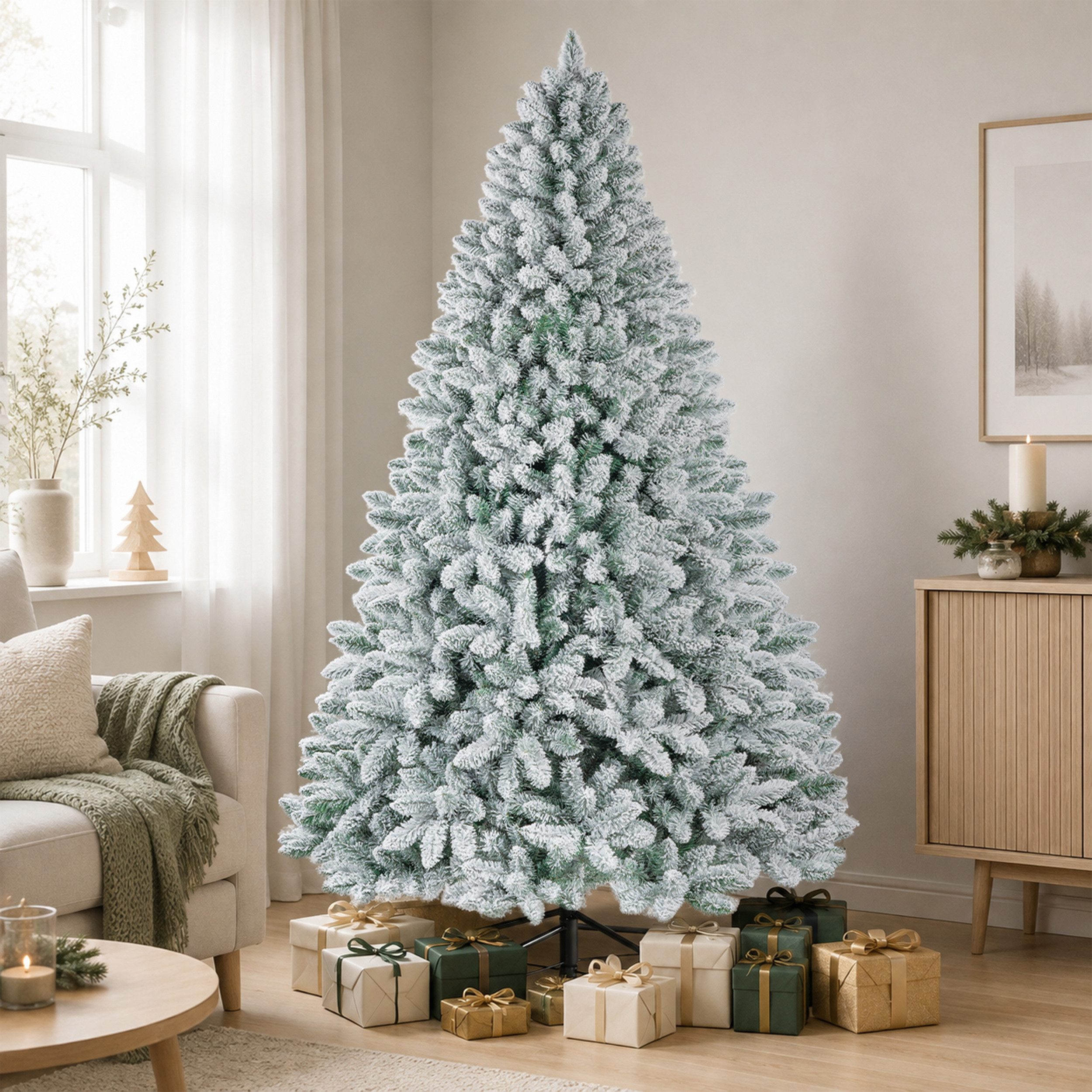 WHEELYOU Künstlicher Weihnachtsbaum 210 cm Dicht beflockte Schneetanne, PVC, Lichterkette, 8 Modi, Dicht beflockte PVC-Schneetanne, volle Zweige, markanter Wint – Bild 2 von 5