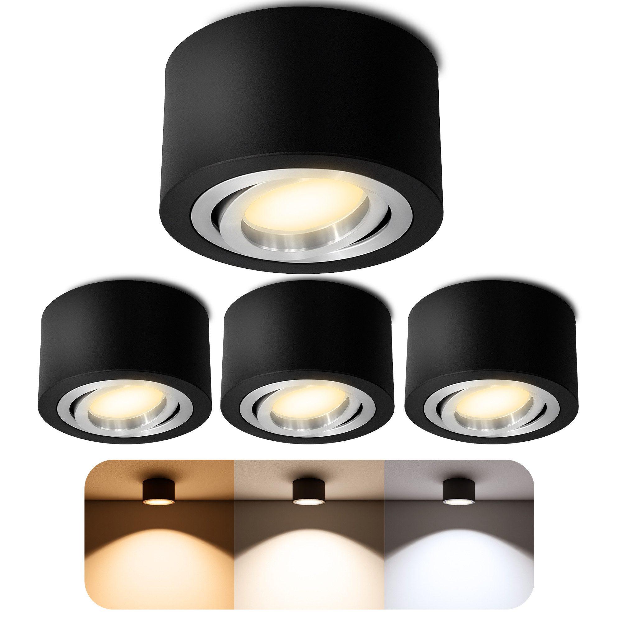 SSC-LUXon LED Aufbaustrahler LANTI LED Deckenspot schwarz silber 6W dimmbar 3CCT schwenkbar Lampe, Warmweiß bis Tageslicht