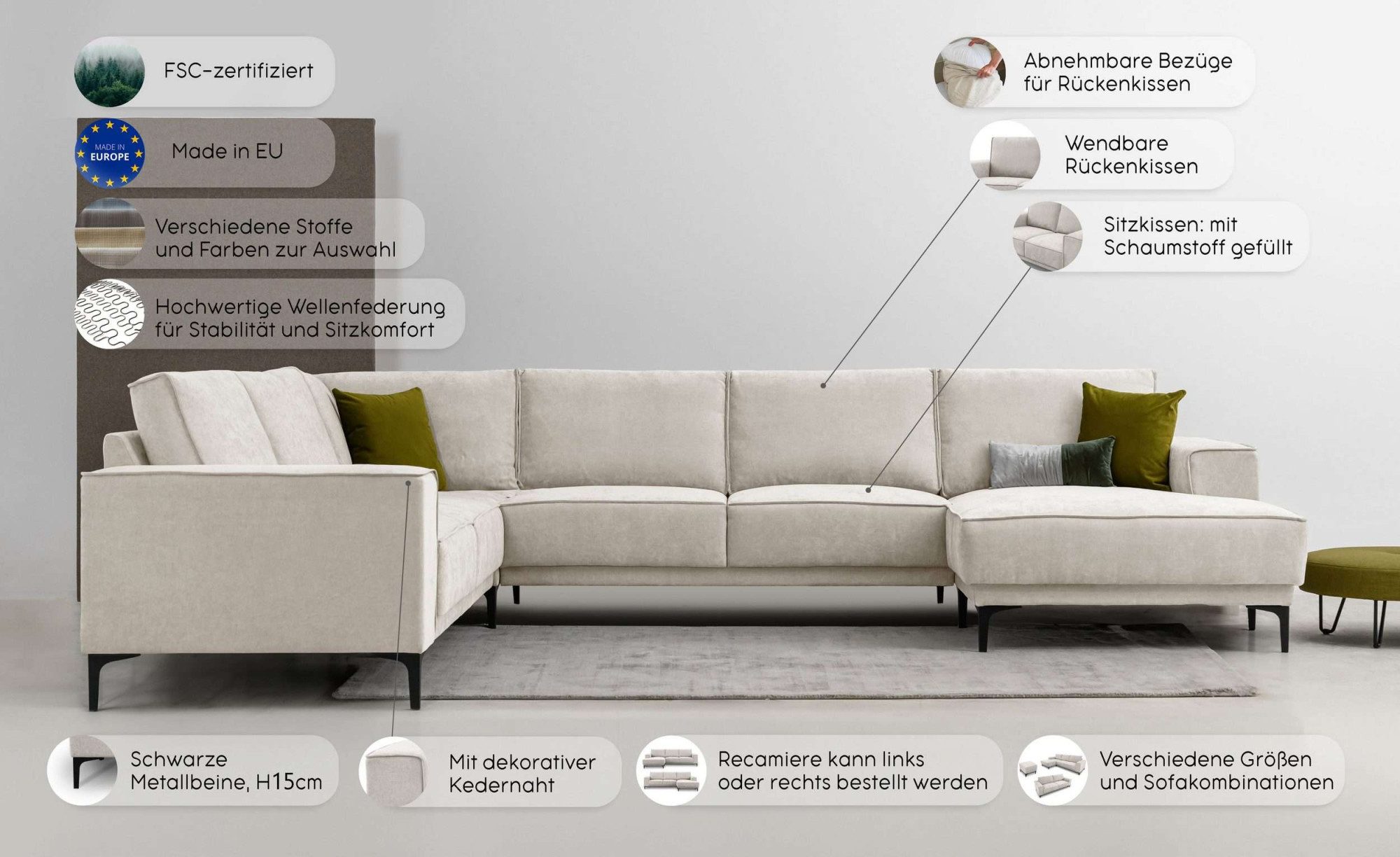 OTTO home Wohnlandschaft OLAND U-Form, XXL, B: 342 cm, Skandi-Design, Skandi-Design in Struktur, Flachgewebe, Luxus-Microfaser, Boucle