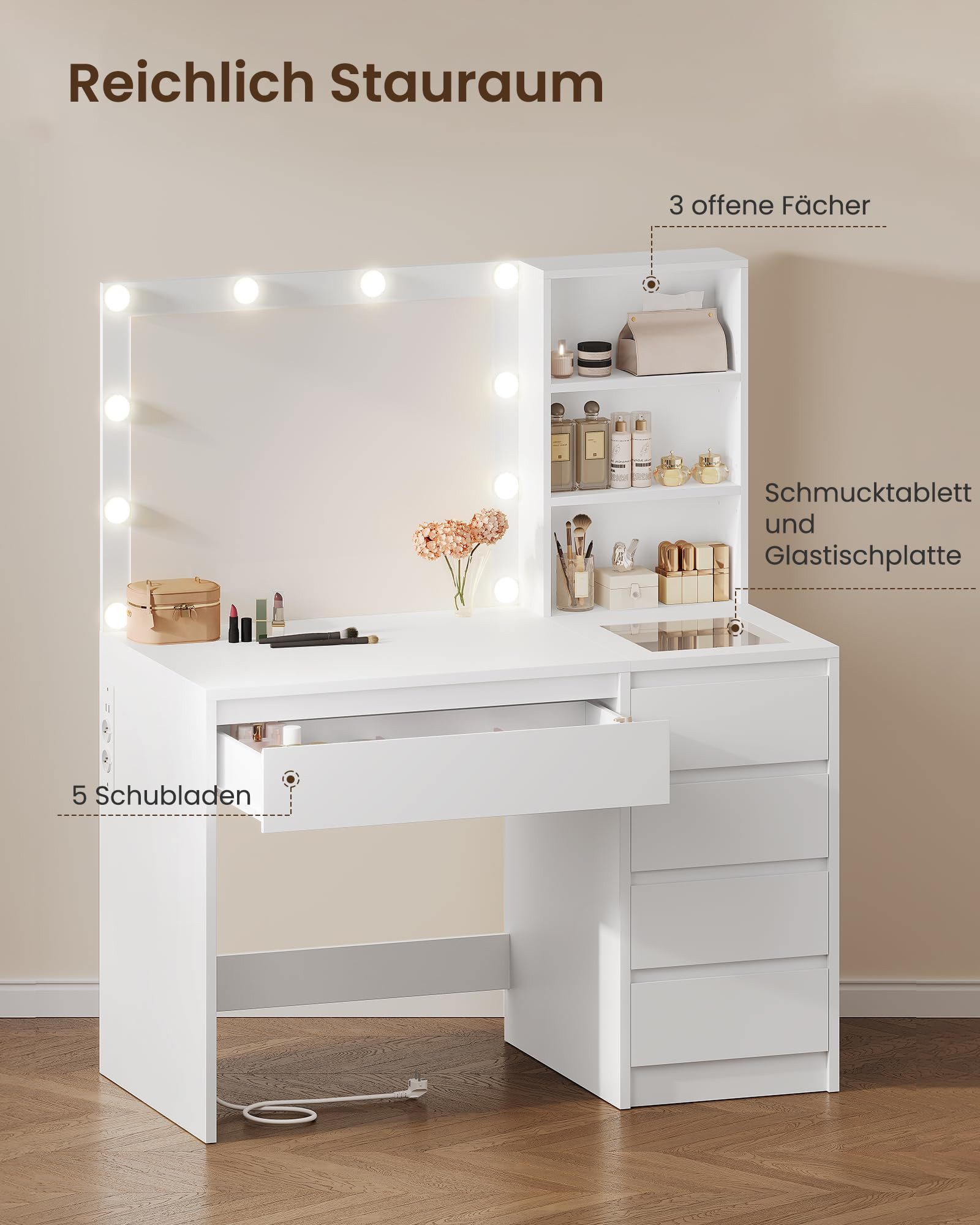 MSMASK Schminktisch Kosmetiktisch Frisiertisch mit 5 Schubladen und Beleuchtung, mit Schmucktablett und Steckdosen,Einstellbare Helligkeit, Weiß – Bild 4 von 5