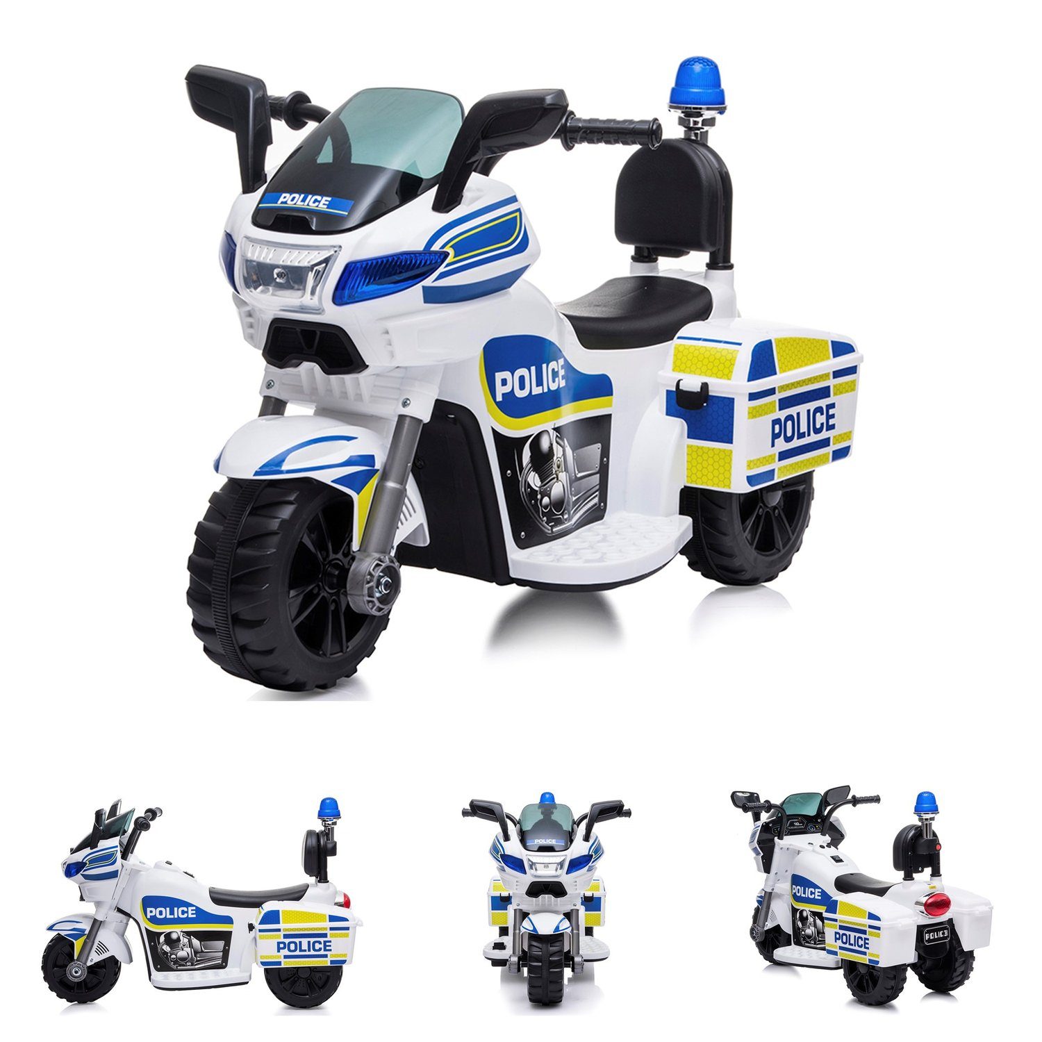 Chipolino Elektro-Kindermotorrad Kinder Elektromotorrad Polizei, Belastbarkeit 25 kg, 3 Räder Scheinwerfer Musikfunktion