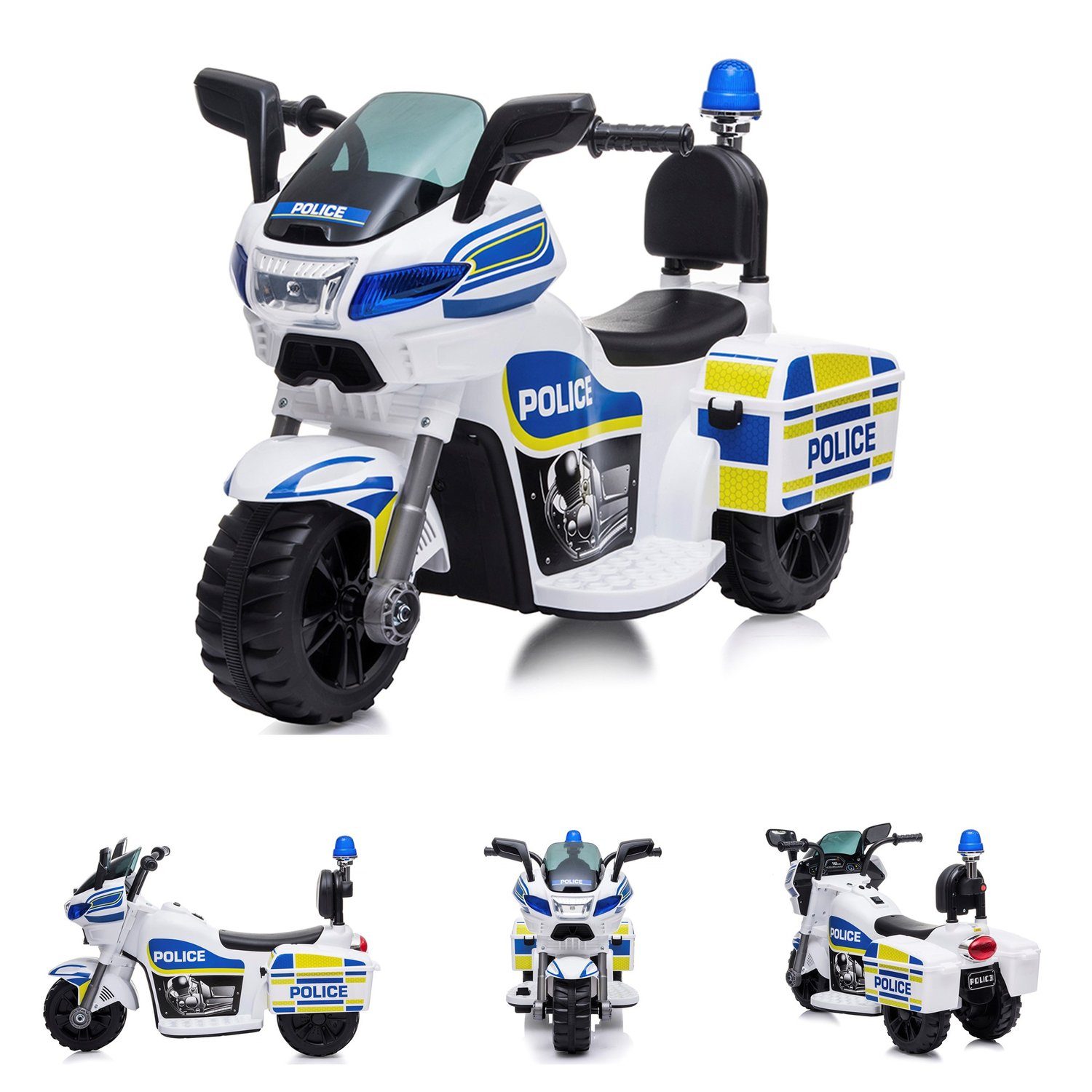 Chipolino Elektro-Kindermotorrad Kinder Elektromotorrad Police, Belastbarkeit 25 kg, 3 Räder Scheinwerfer Musikfunktion