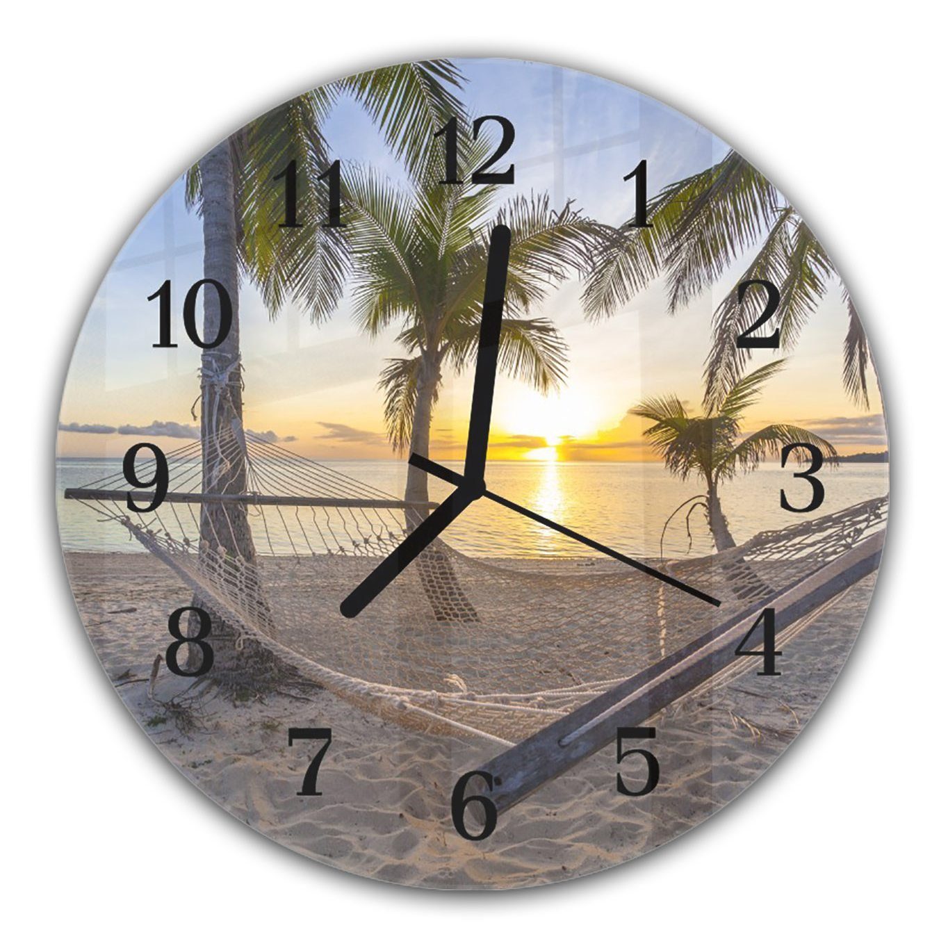 30 Quarzuhrwerk Wanduhr Primedeco cm Motiv mit Durchmesser - Rund Sonnenuntergang aus Strand und Glas am Wanduhr mit