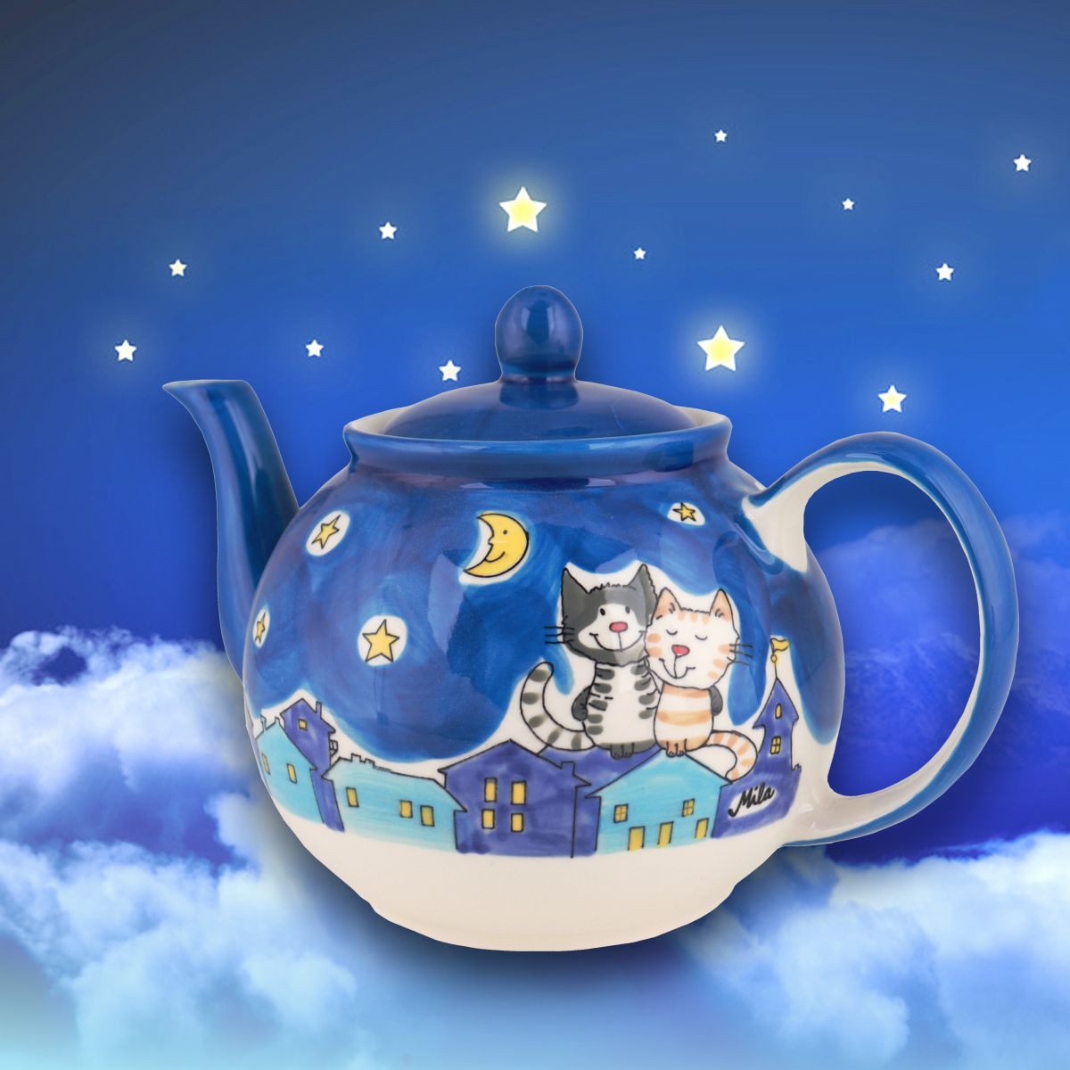 Mila Teekanne Mila Keramik-Teekanne Nachtkatzen, ca. 1,2 Liter, 1200 l, (Stück, 1 Teekanne mit Deckel)