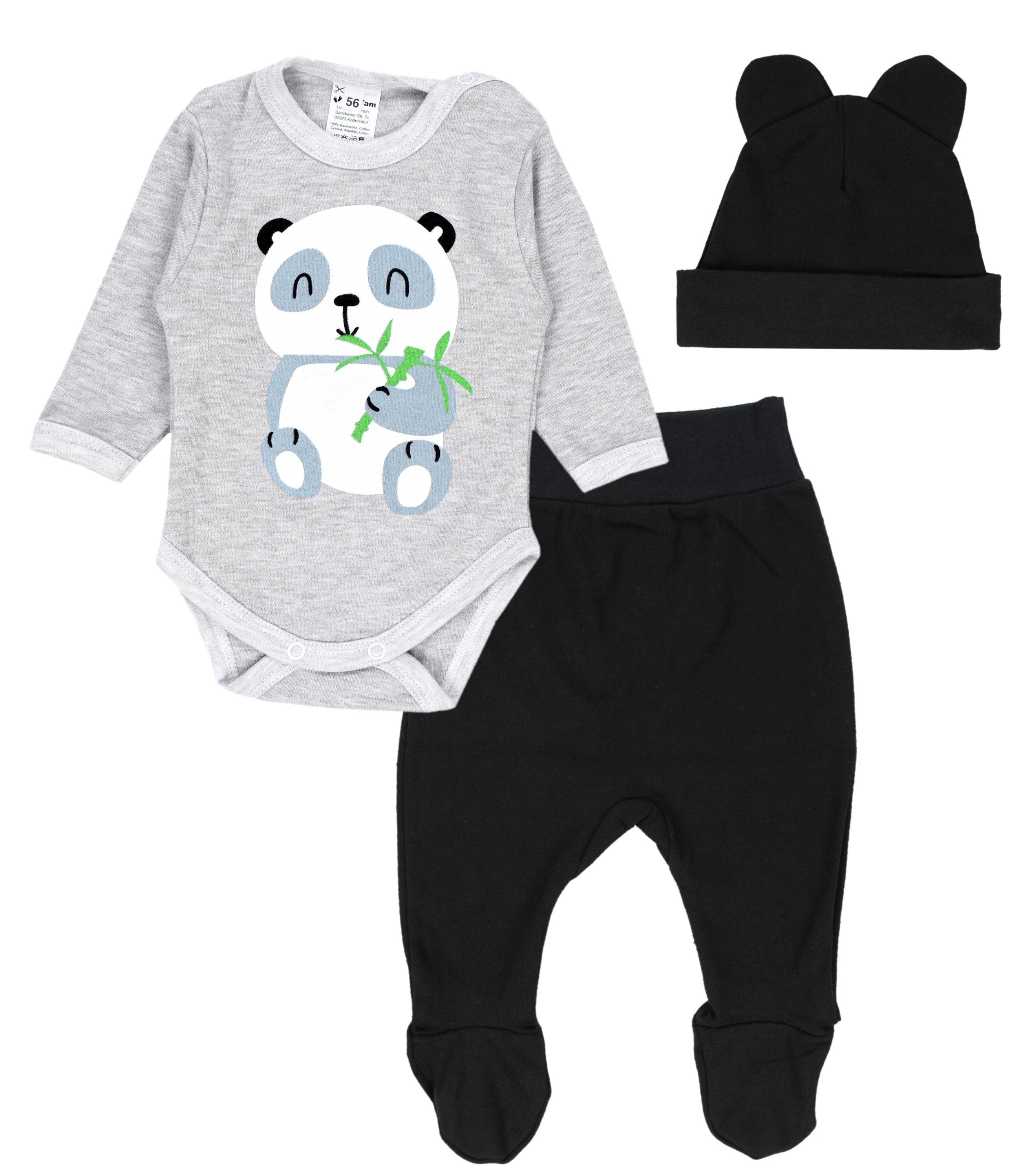 TupTam Erstausstattungspaket Baby Kleidung Set Body Strampelhose Mütze Bekleidungsset Panda Grau / Schwarz