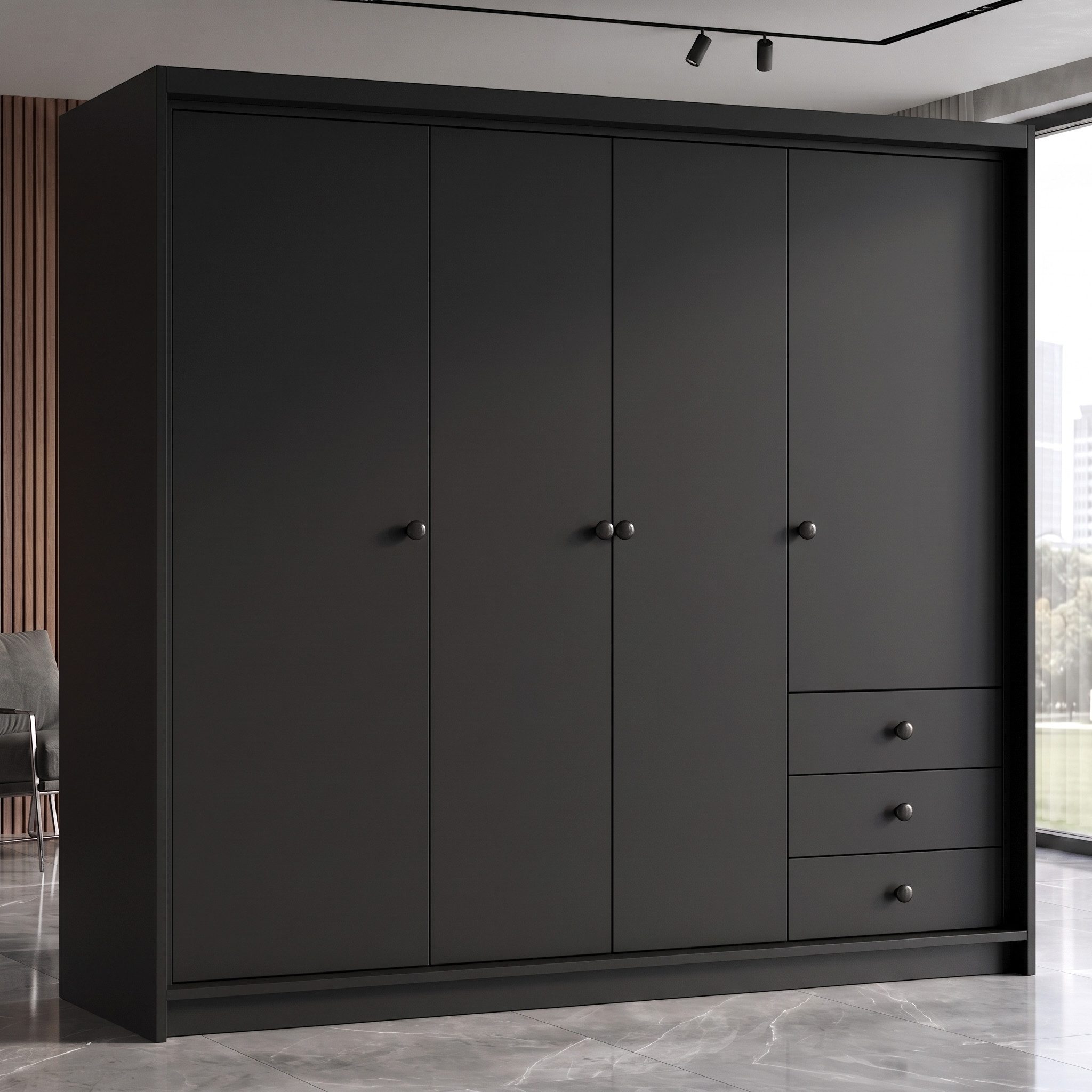 A&J MöbelLand GmbH Drehtürenschrank FALKEN– viertüriger Kleiderschrank 200 cm (Geräumiger viertüriger Kleiderschrank mit Schubladen. Geräumiger Schrank mit einer Breite von 200 cm und Schubladen, ideal zur Aufbewahrung von Kleidung und Accessoires. Viel Stauraum. TOP PRODUKT! Wählen Sie das ideale Modell für Ihr Schlafzimmer!, TOP ANGEBOT) Breite: 200 cm, Höhe: 215 cm, Tiefe: 59,5 cm